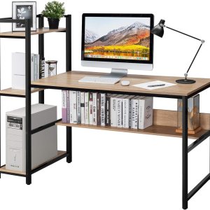 Tangkula Escritorio para computadora de 59 pulgadas con estantería, escritorio de oficina en casa con estantería de almacenamiento, marco de metal y Tangkula Escritorio para computadora de 59 pulgadas con estantería, escritorio de oficina en casa con estantería de almacenamiento, marco de metal y