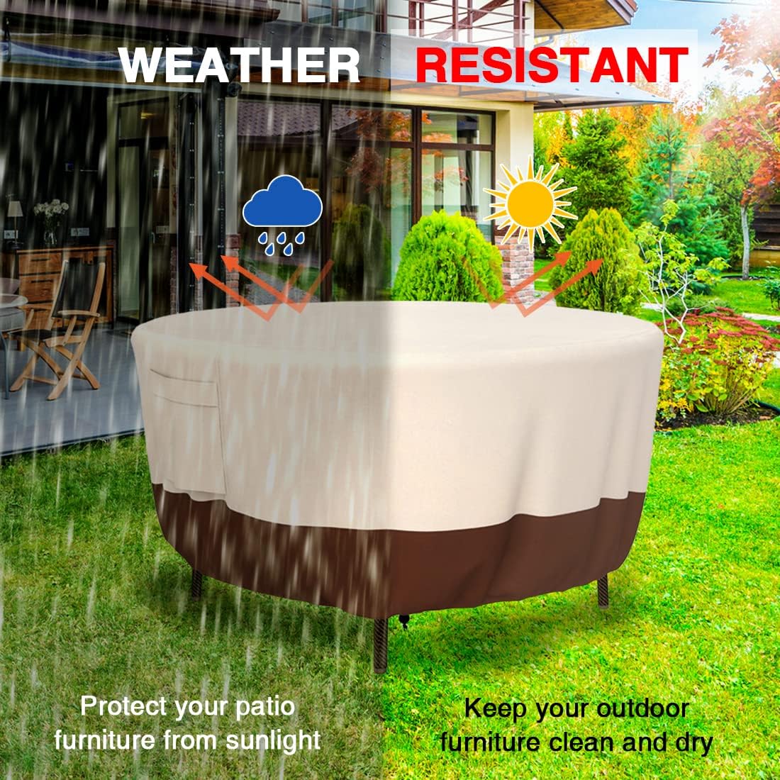 Tuyeho Funda redonda para muebles de patio, tela Oxford duradera para mesa redonda para exteriores, impermeable, resistente a los rayos UV y a los