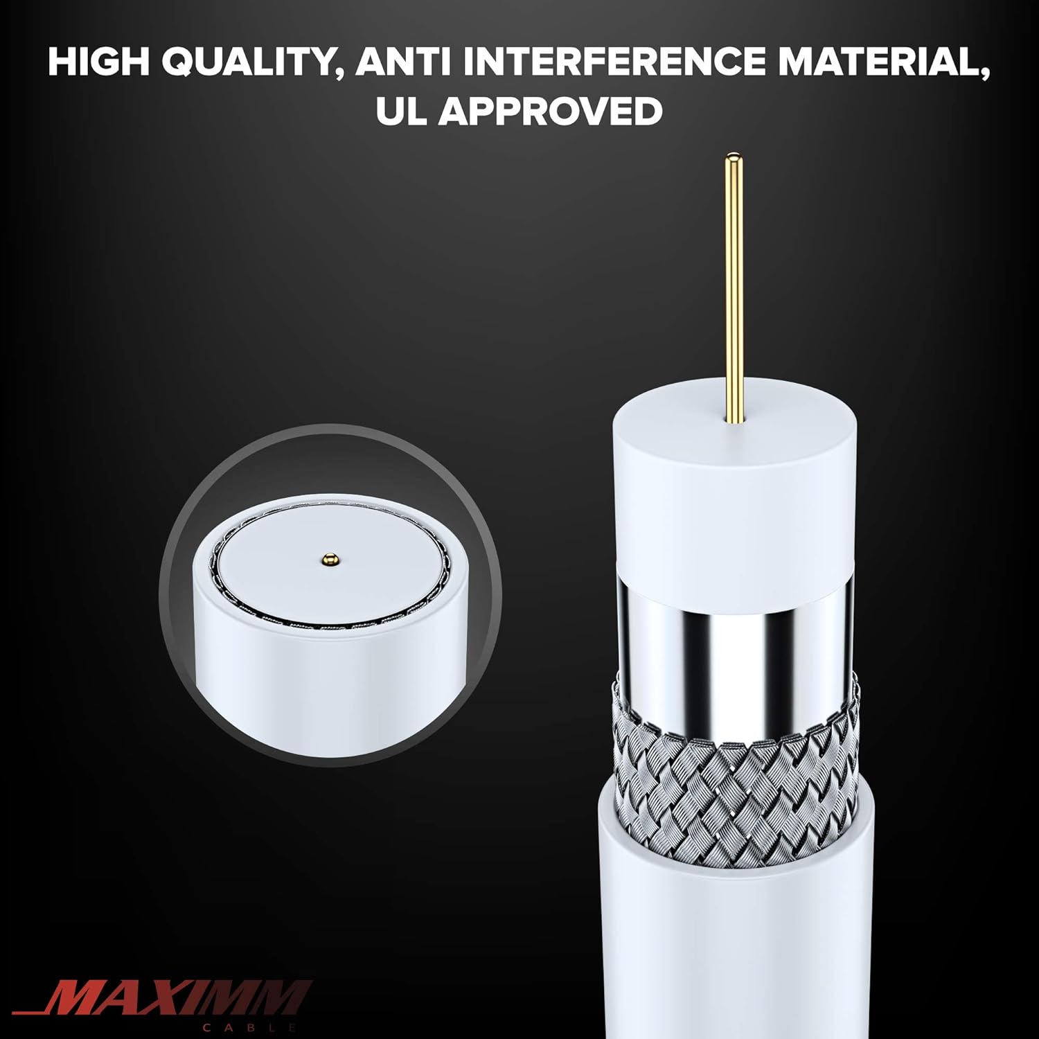 Maximm Cable coaxial RG6, triple blindado, sin oxígeno, cable de cobre para TV, Internet más, cable coaxial flexible de 20 pies, color blanco