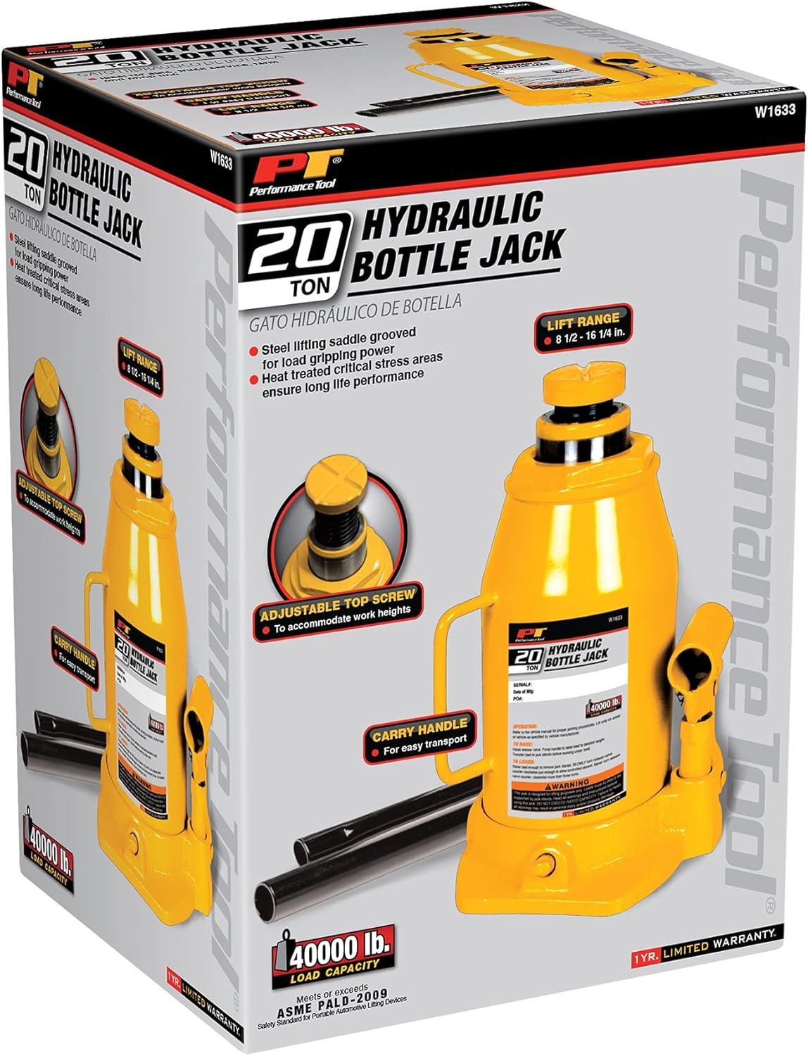 Performance Tool W1633 – Gato hidráulico de 20 toneladas (40,000 libras) Gato hidráulico de botella resistente
