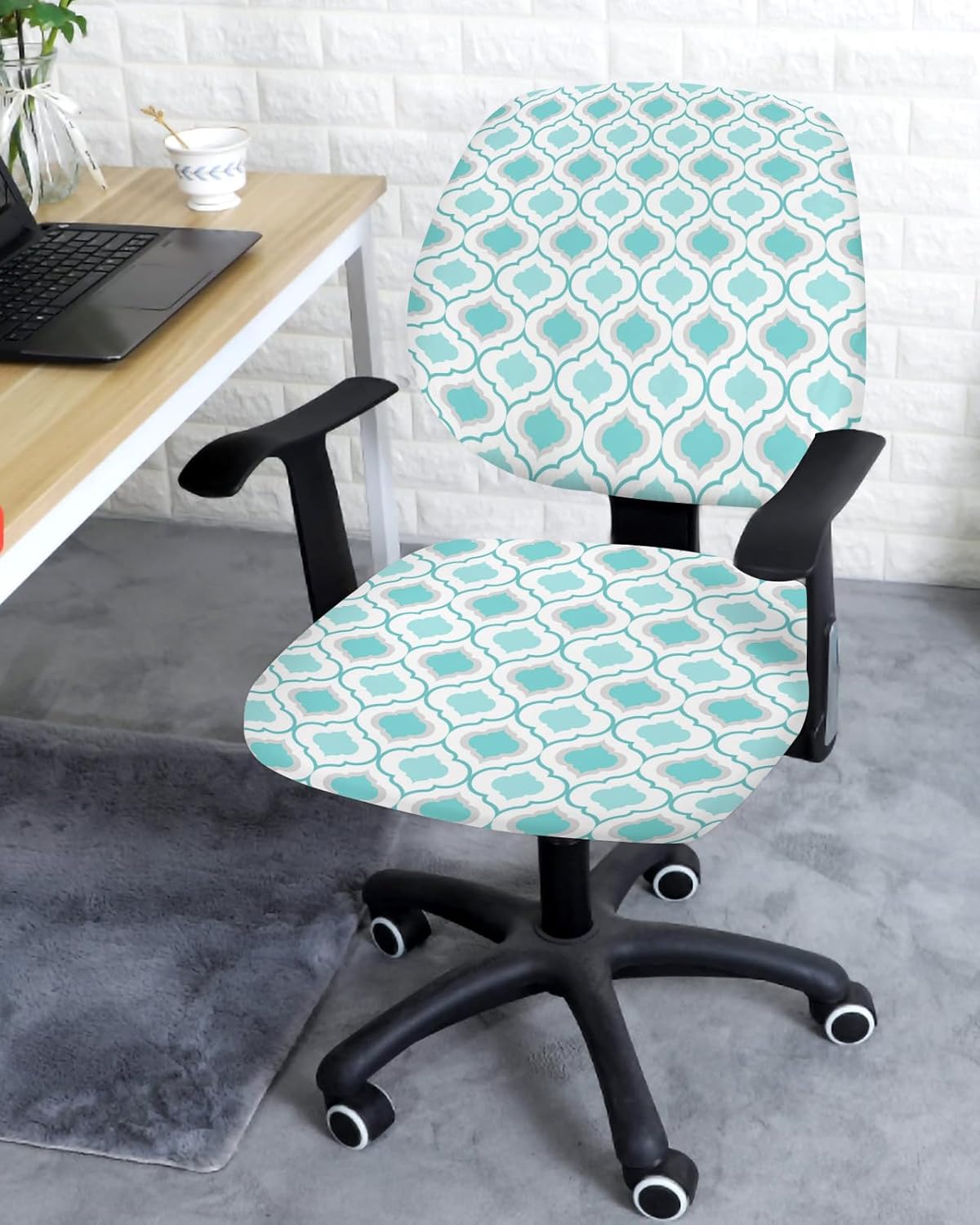 Fundas para silla de computadora de oficina, color verde azulado, turquesa, patrón geométrico, protector y elástico, resistente al agua, fundas de