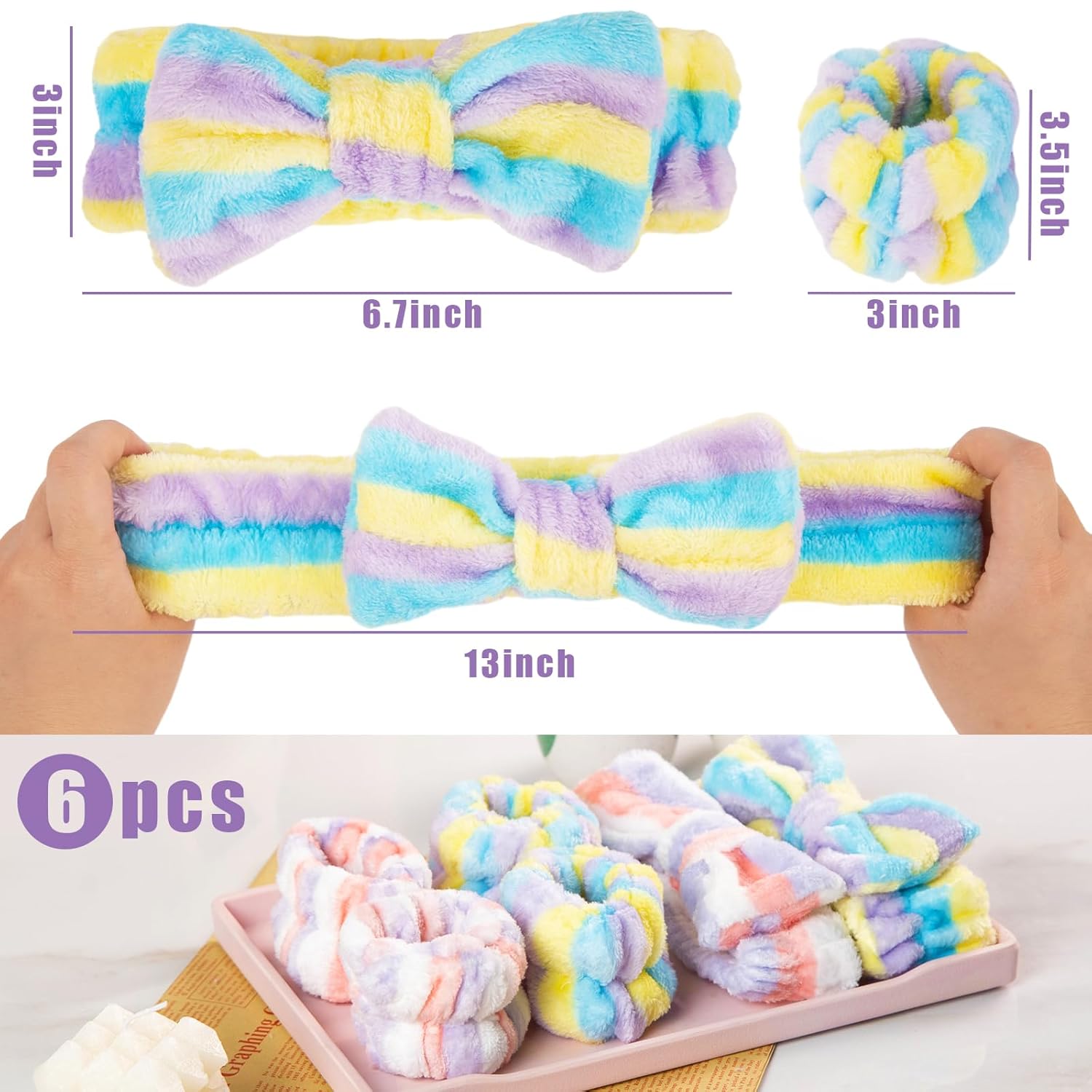 Shindel Juego de 6 diademas de lavado facial, diademas de maquillaje con pulseras de forro polar coral para mujeres, spa, cuidado de la piel, yoga