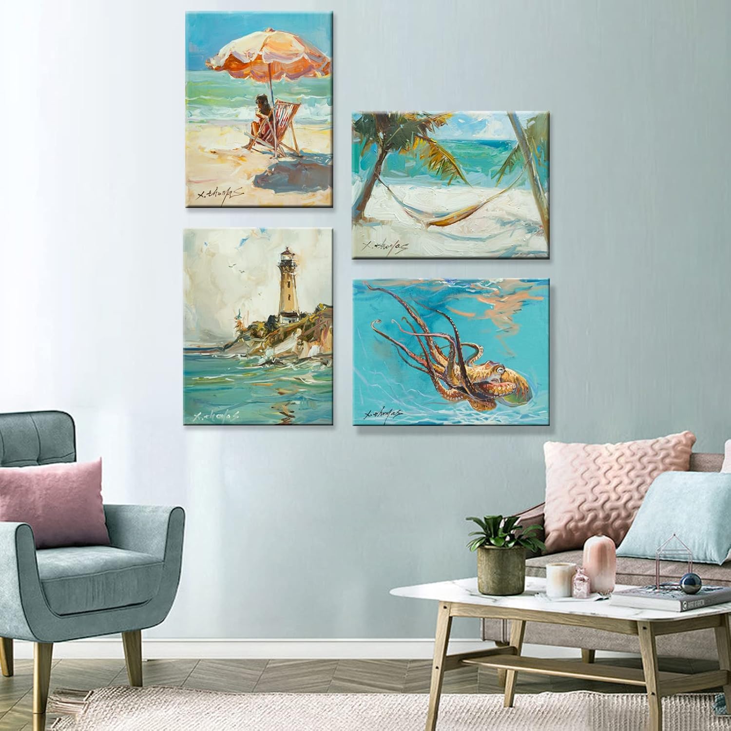 Lienzo decorativo para pared, diseño de mujer en silla bajo un paraguas de playa naranja, imágenes de paisaje marino del océano, ilustraciones para
