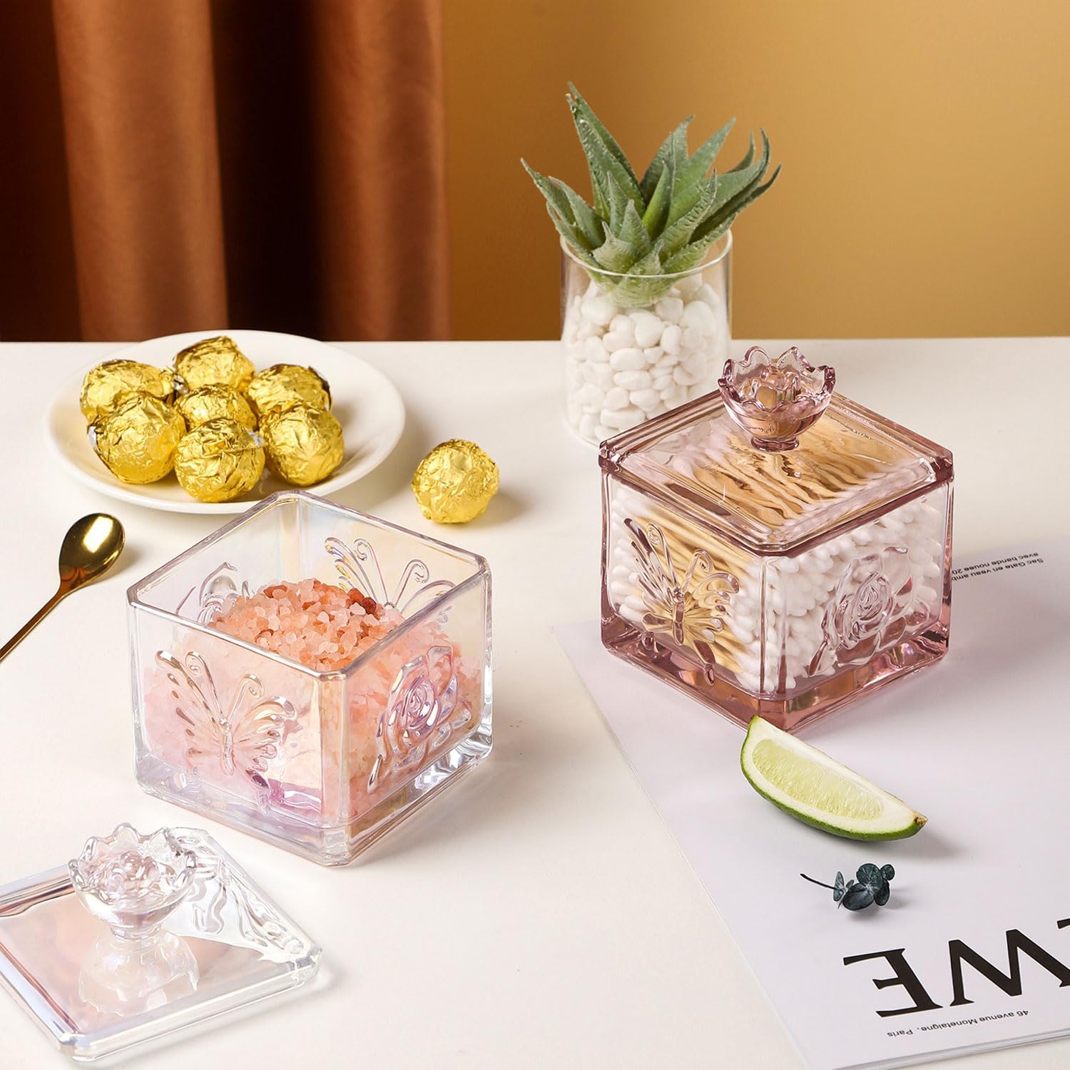 WHJY Lindo tarro de cristal vintage para dulces con tapa, tarro de cristal iridiscente para escritorio de oficina, platos de caramelo rosa para bufé