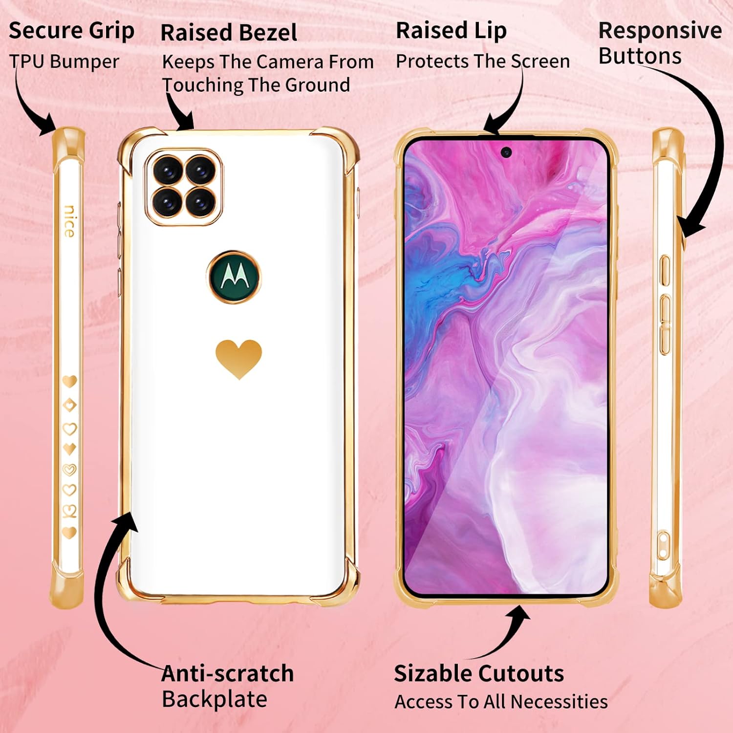Shorogyt Funda para teléfono Motorola One 5G Ace 2021 (también para una funda de 5G UW Ace), fundas de chapado en oro con patrón de corazones de
