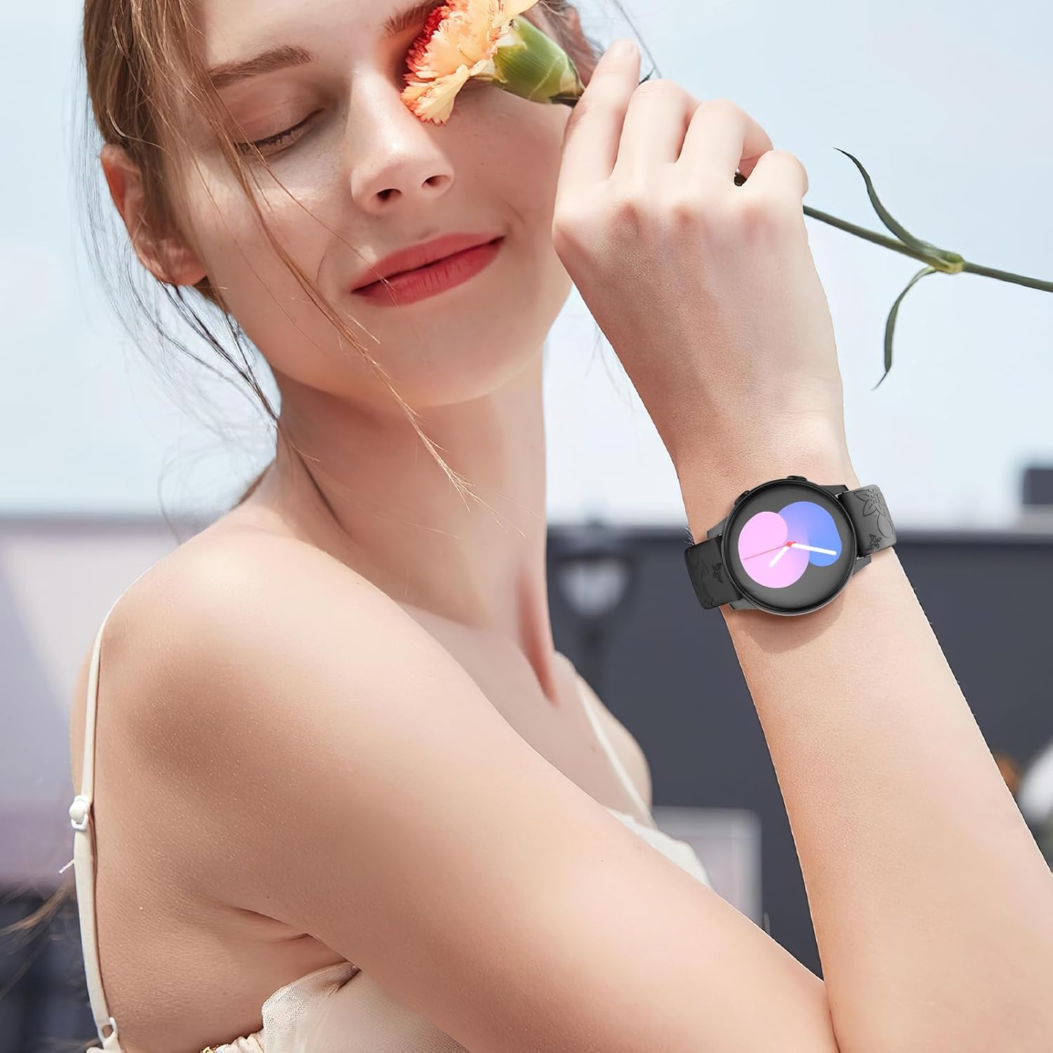 Correas con grabado floral compatibles con Samsung Galaxy Watch 65Watch 4 de 1.575 in y 1.732 in para mujer, Samsung Galaxy Watch 5 Pro de 1.772