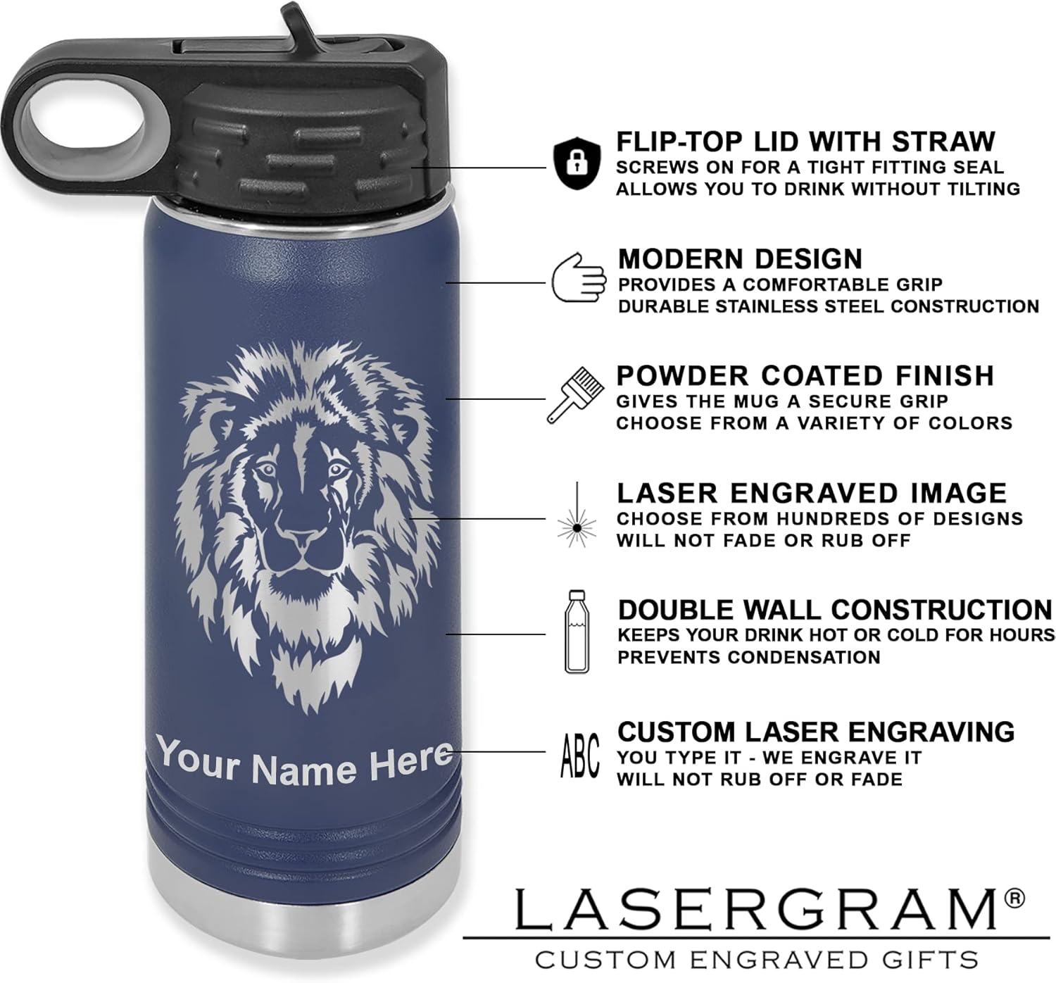 LaserGram Botella de agua de doble pared abatible de 20 onzas con popote, tren de carga, grabado personalizado incluido (azul marino)