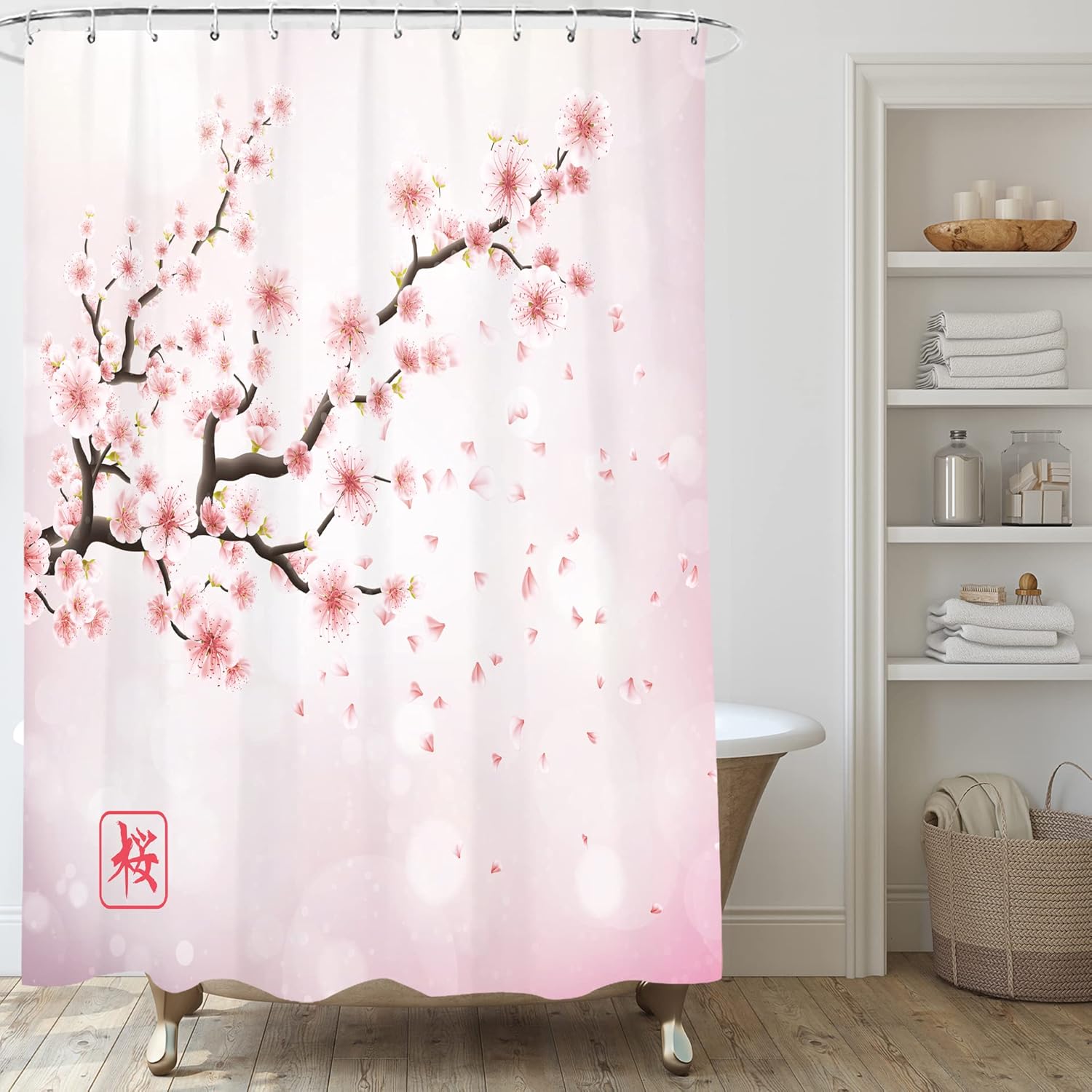 Cortina de ducha con diseño de flor de cerezo rosa, juego de cortina de ducha japonesa Sakura floral, cortinas de ducha para baño, tela impermeable