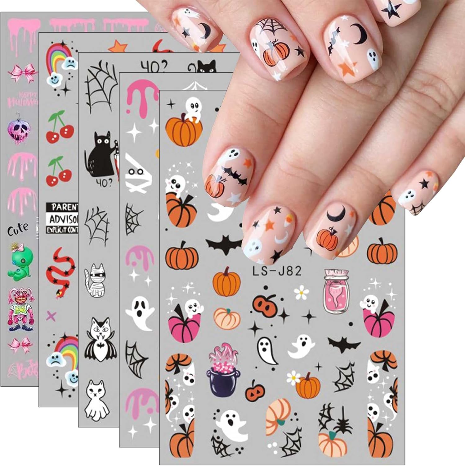 JMEOWIO 9 hojas de calcomanías de arte de uñas de Halloween, calcomanías autoadhesivas, uñas de terror, fantasma, bruja, telaraña, murciélago, gato,