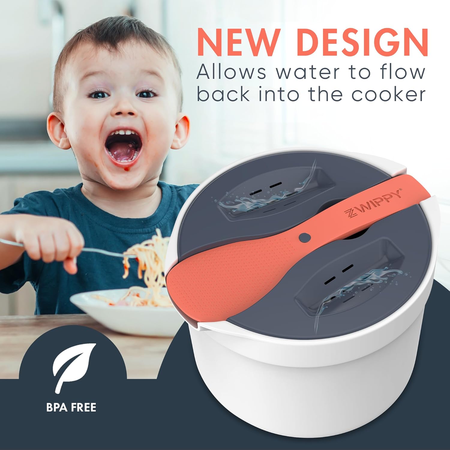Zwippy Cocedor de arroz para microondas y pasta con colador, diseño sin desorden, apto para lavavajillas, cocina hasta 8 tazas