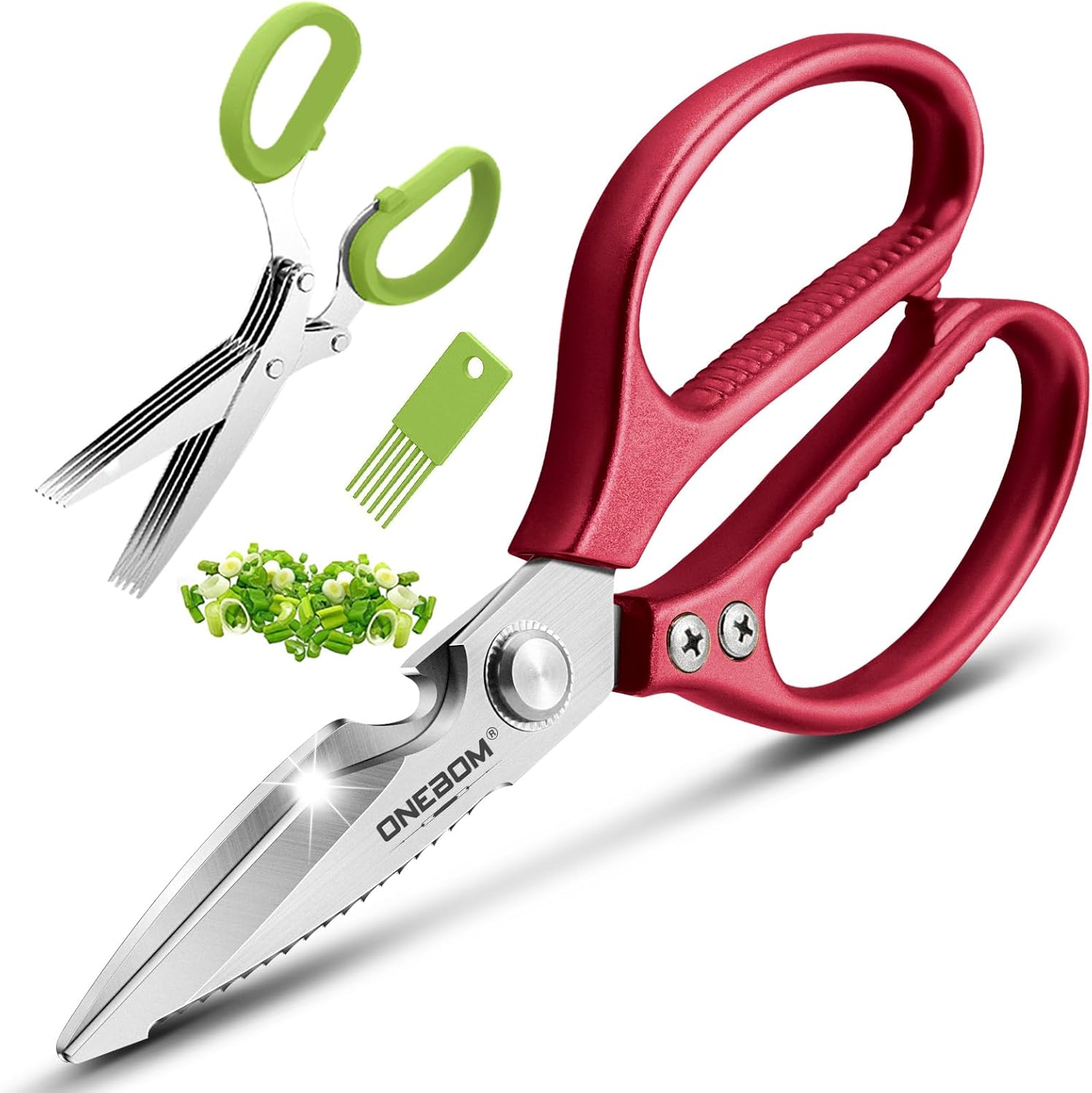 ONEBOM – Tijeras de cocina, tijeras de cocina resistentes con hoja dentada para cortar carne, alimentos, pescado, aves de corral, accesorios de