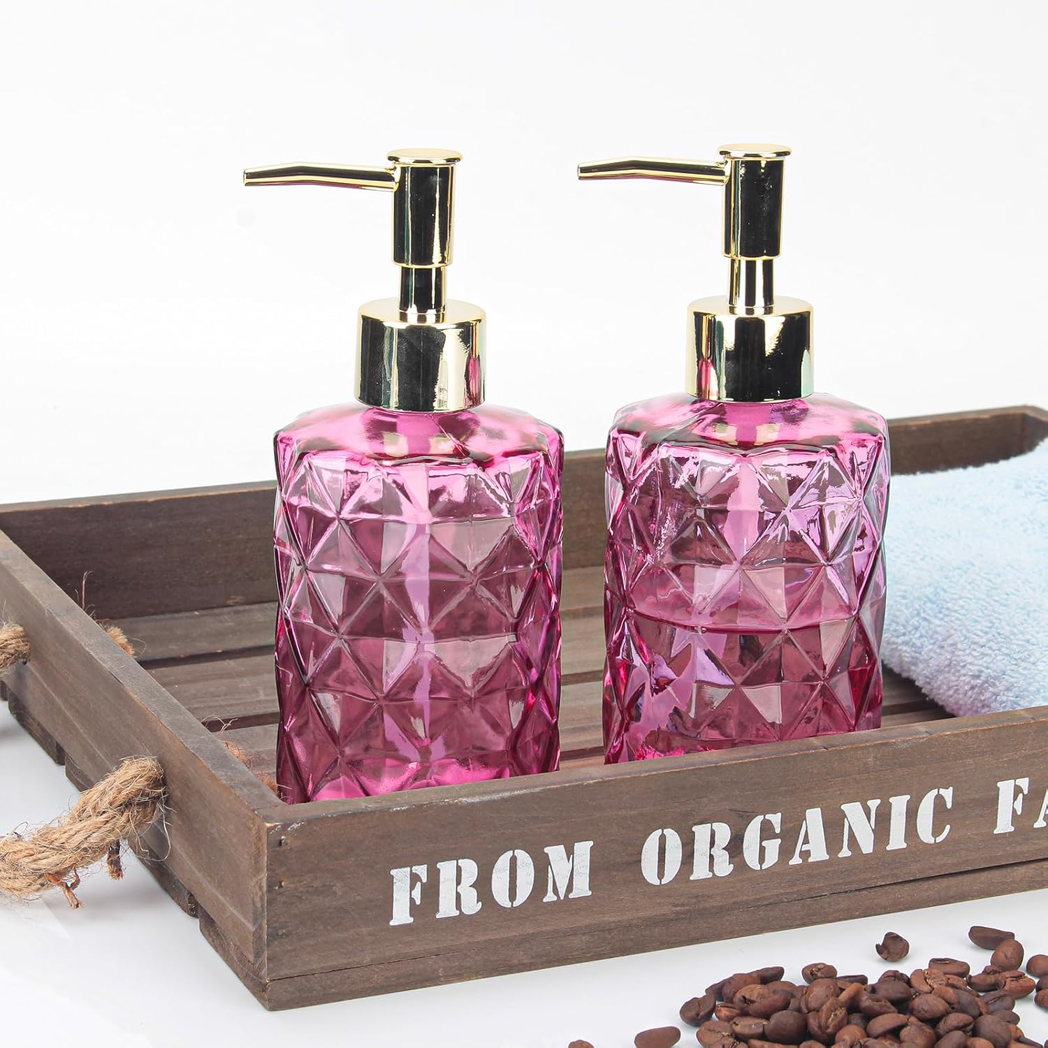 Dispensador de jabón con bomba, dispensador de jabón con patrón de diamante para encimera de cocina, baño, accesorios de baño rosa intenso (paquete
