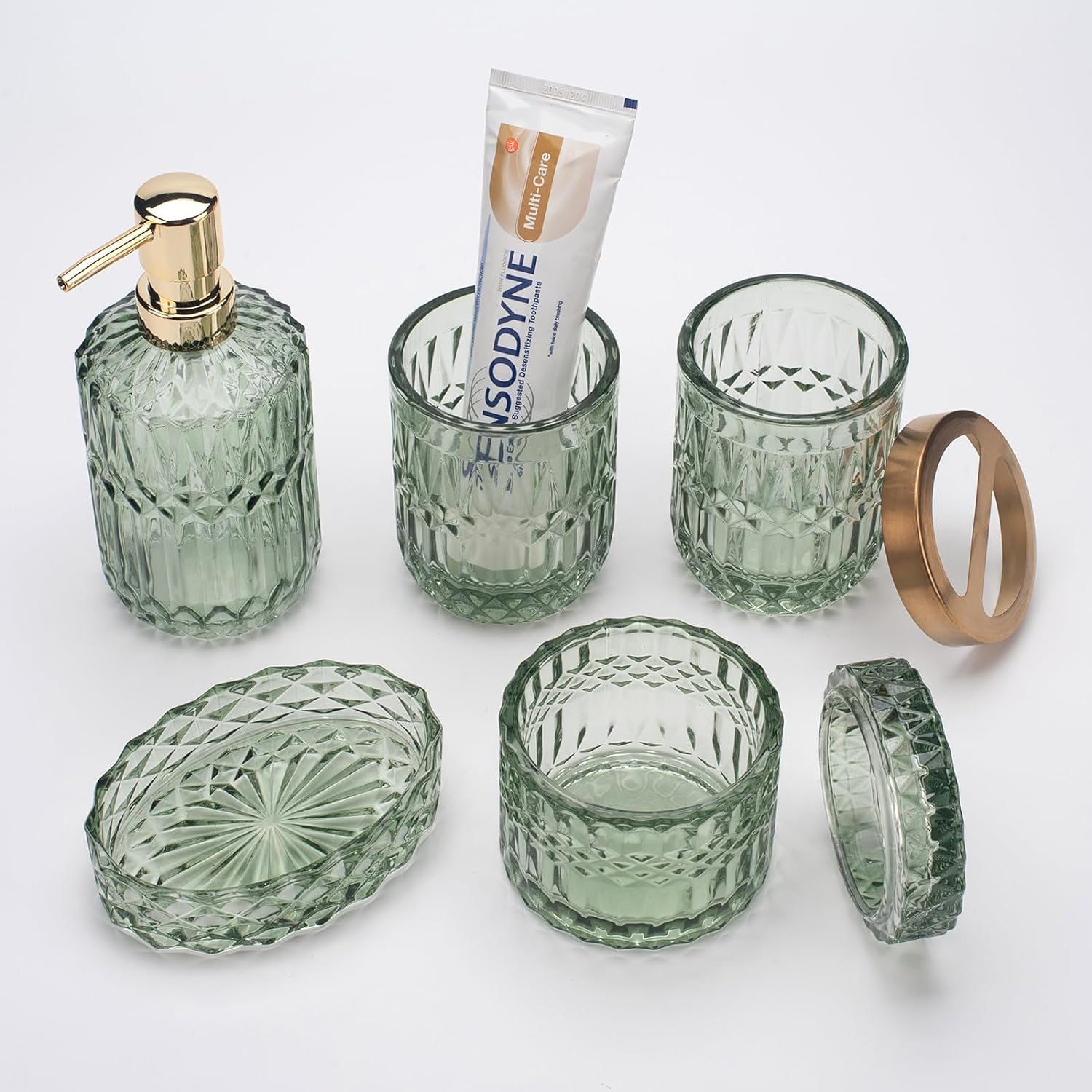 Juego de 5 accesorios de baño de vidrio verde para baño, dispensador de loción, jabonera, soporte para cepillos de dientes, vaso, frascos de hisopos