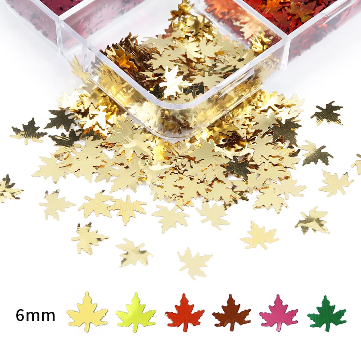 6 rejillas para arte de uñas de otoño, hojas de arce 3D, lentejuelas con purpurina, calcomanías holográficas láser dorado, rojo y verde, hojas con