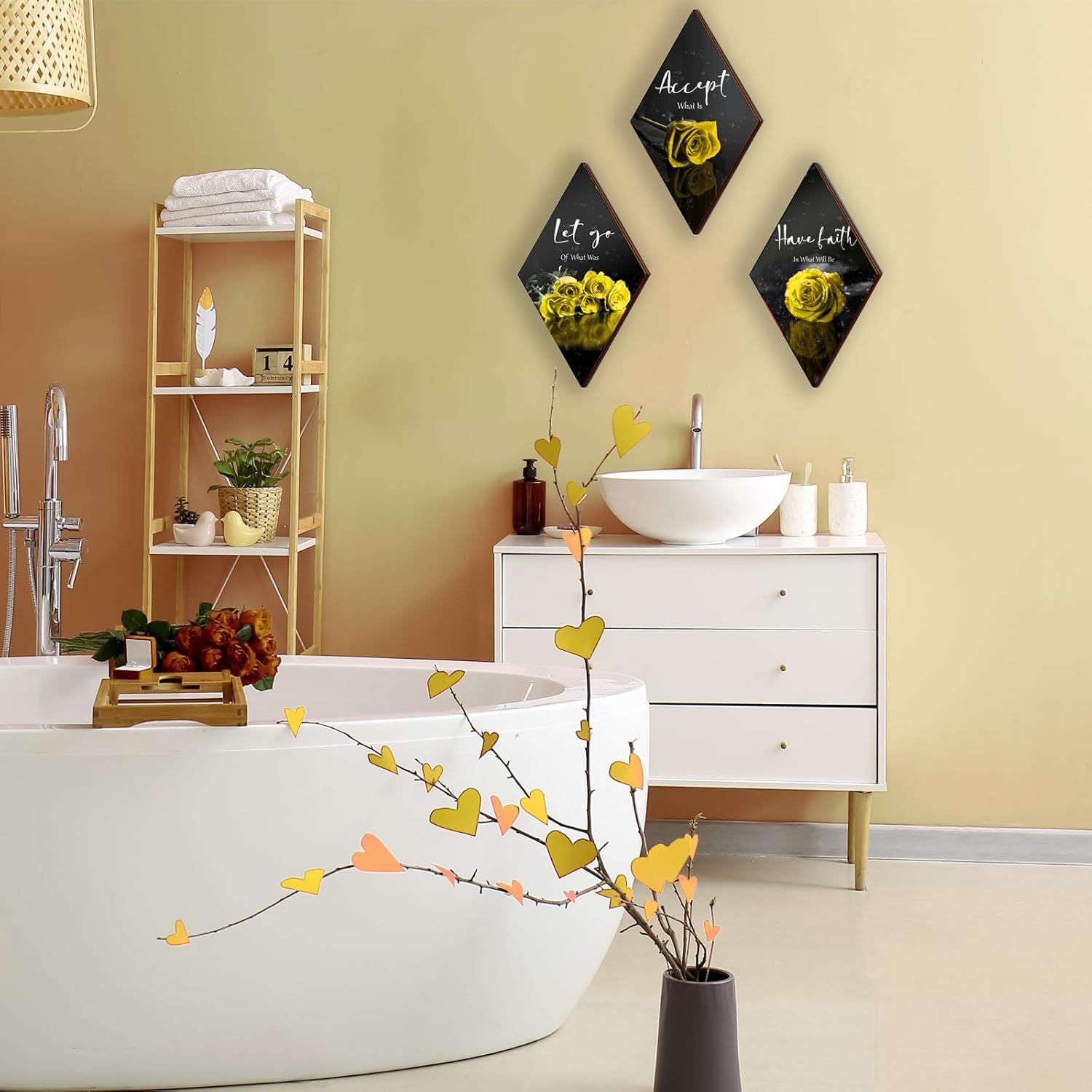 3 piezas de decoración de pared de baño con rosas amarillas, decoración inspiradora de madera, decoración de pared de oficina con letrero de aceptar