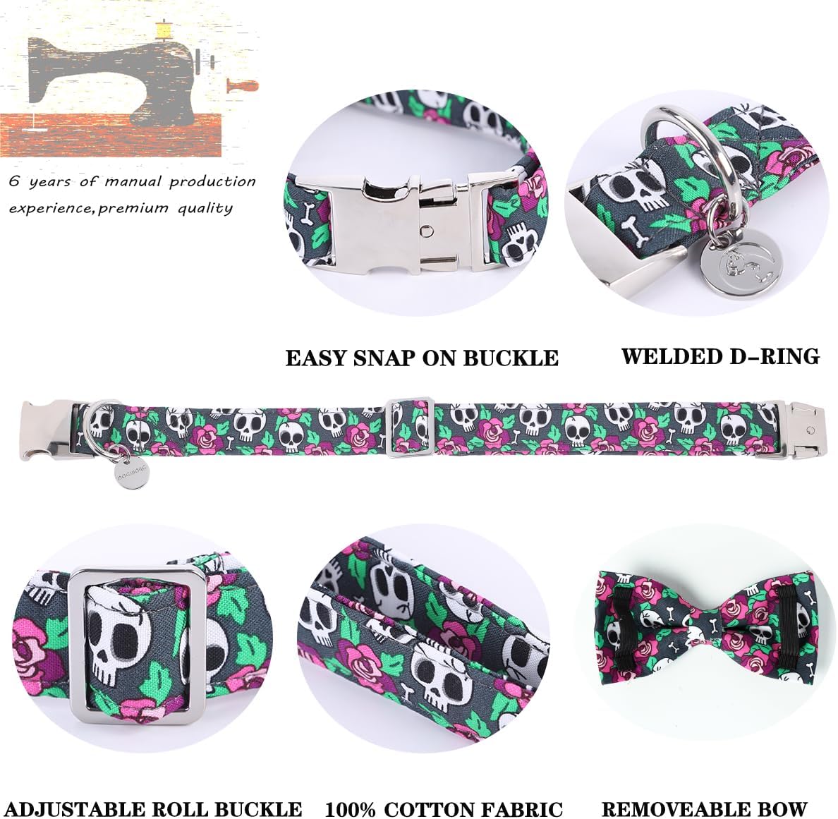 DOGWONG Collar de perro fantasma de Halloween con corbatín, collar de perro de calavera rosa para Halloween, duradero y suave, collar de perro para