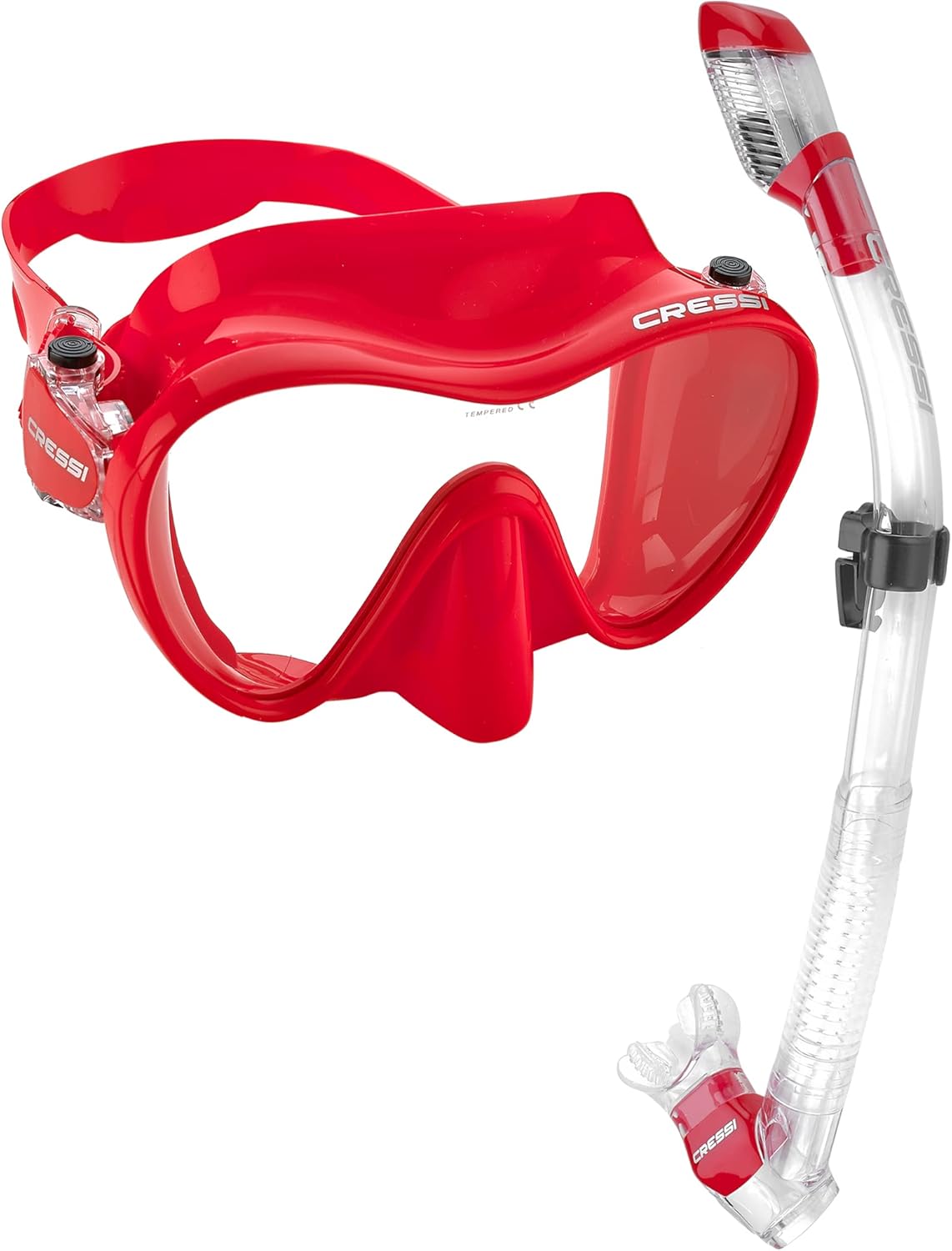 Cressi BKRD-SM – Máscara de buceo sin marco con lente de vidrio templado de alta calidad, esnórquel seco, aleta de esnórquel y bolsa de equipo de