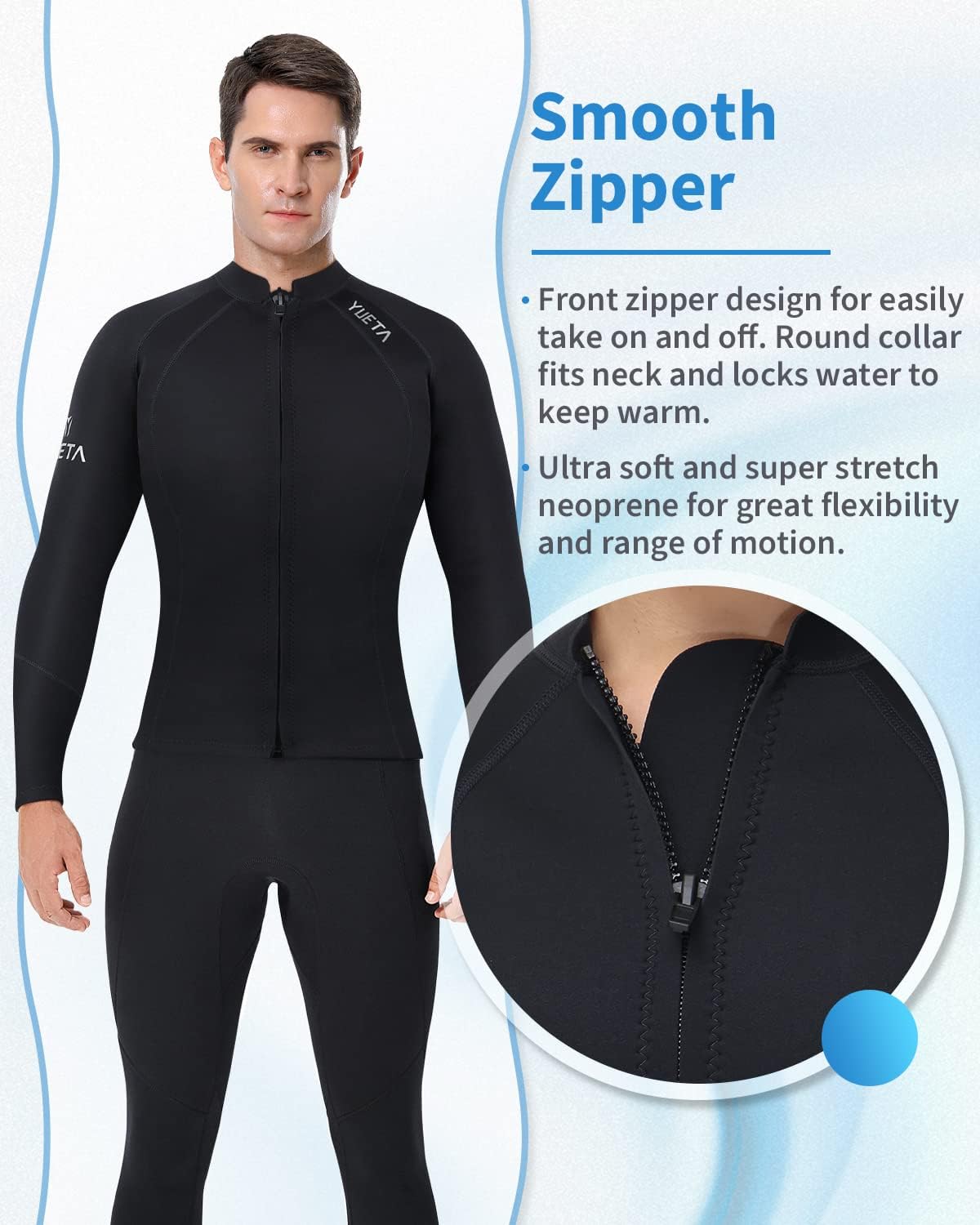 Wenlia Mens Wetsuits Top  2mm Neoprene Jacket  Ultra Stretchy & Warmth  Easy Entry Front Zip – YKK  Surfing Snorkeling – All Watersports