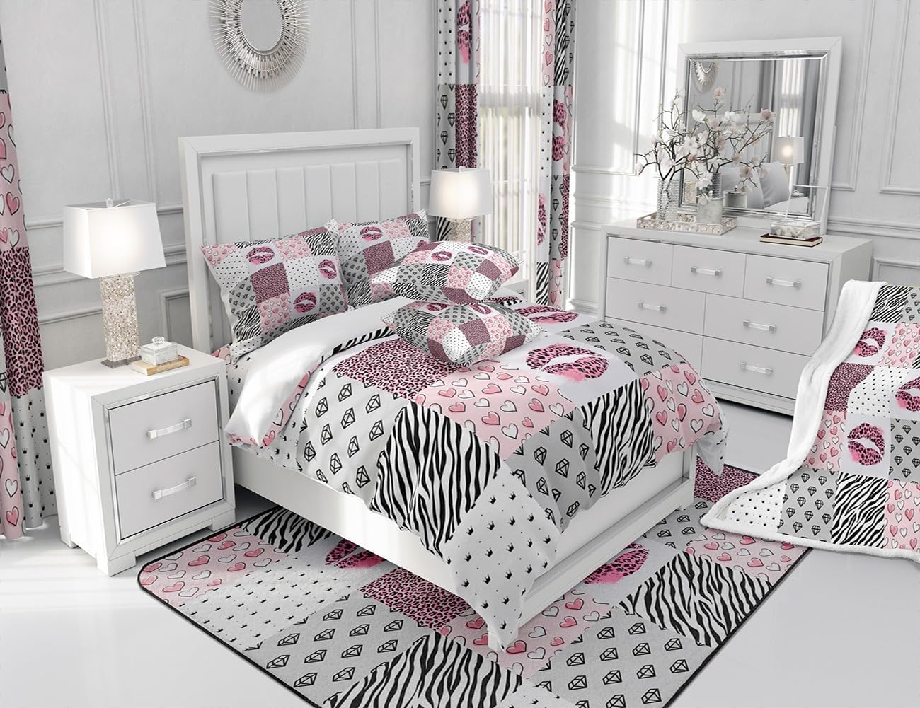 Juego de funda de edredón con estampado de leopardo rosa, tamaño individual, juego de ropa de cama con estampado de labios rosados, 2 piezas para