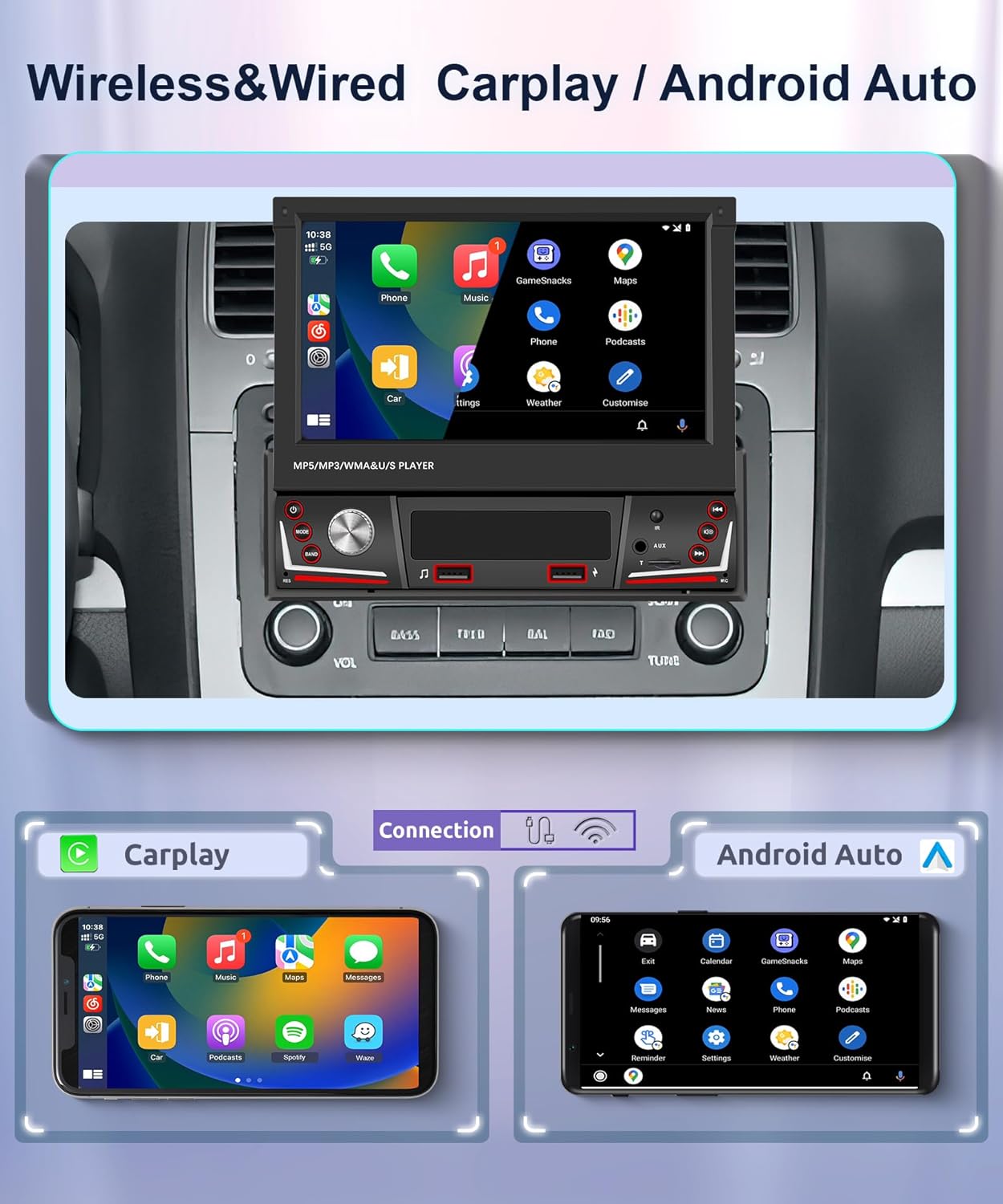 Rimoody 1 DIN – Pantalla táctil abatible con pantalla táctil inalámbrica Apple CarPlay, Rimoody 1 DIN 7 pulgadas radio de coche con Bluetooth FM
