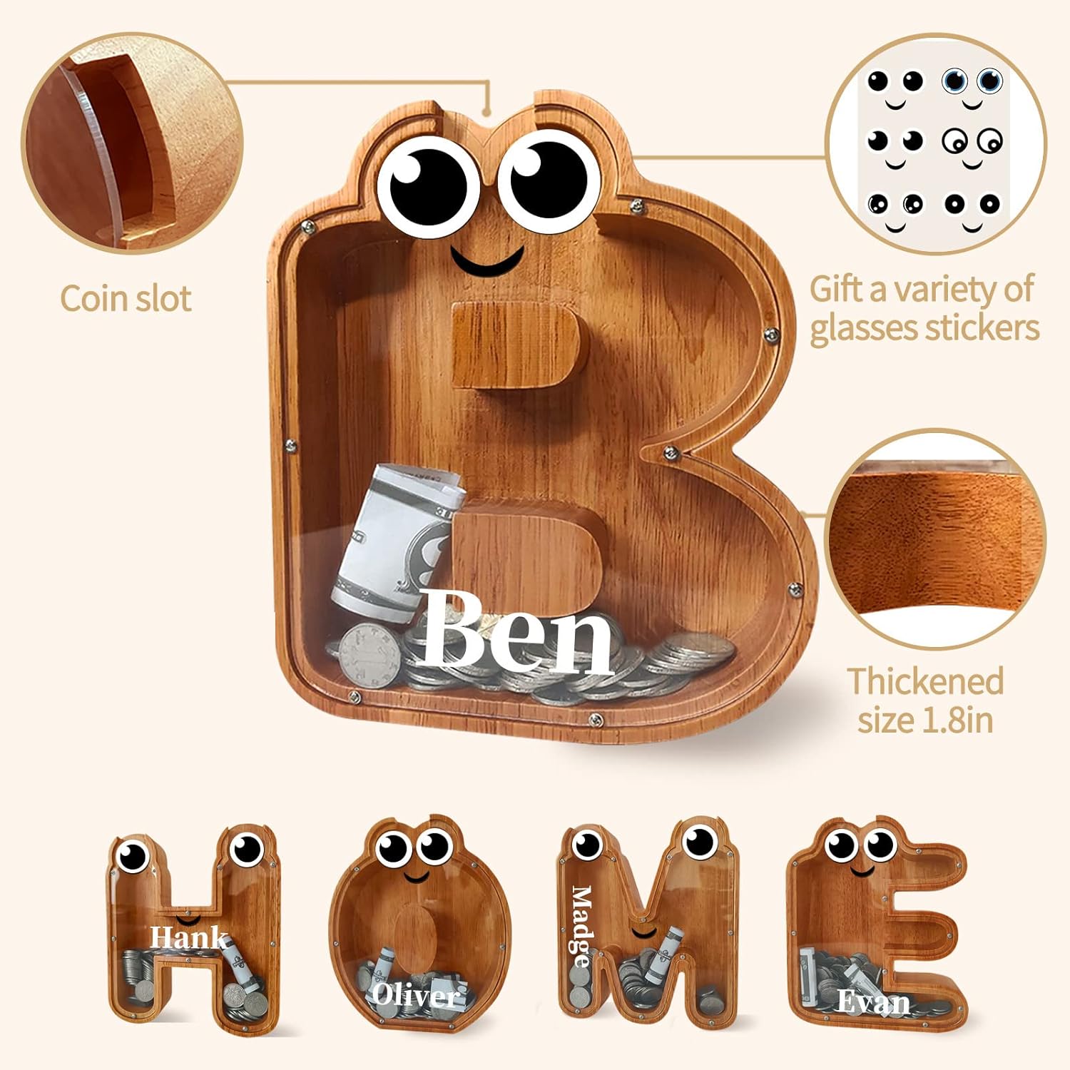 Alcancía de madera, alcancía de letras personalizadas (9.1 pulgadas, grabado láser), caja de dinero de madera, alcancía de regalo para niños, regalo