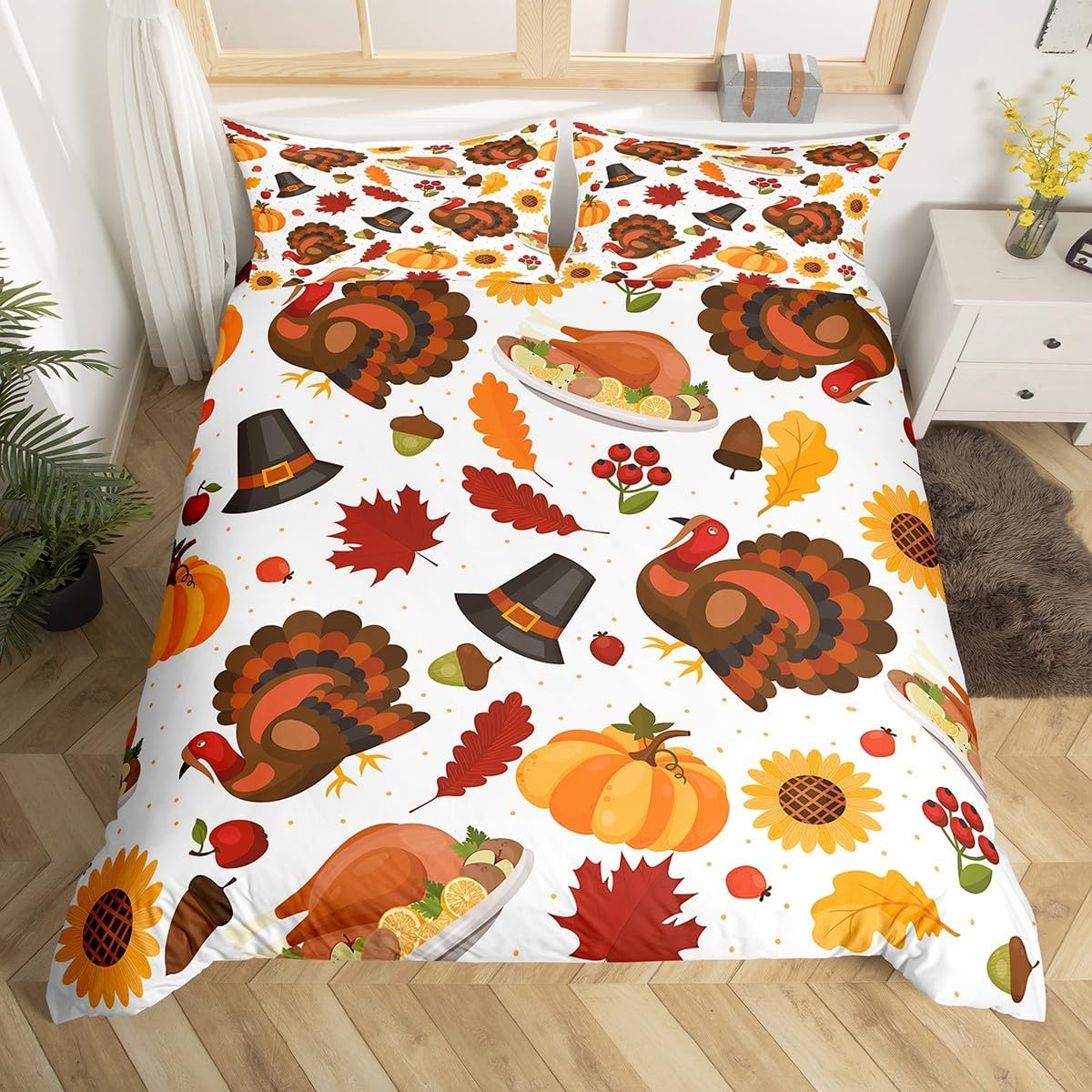 Feelyou Juego de funda de edredón de decoración de Acción de Gracias, tamaño Queen, lindo juego de ropa de cama de pavo para niños, decoración de