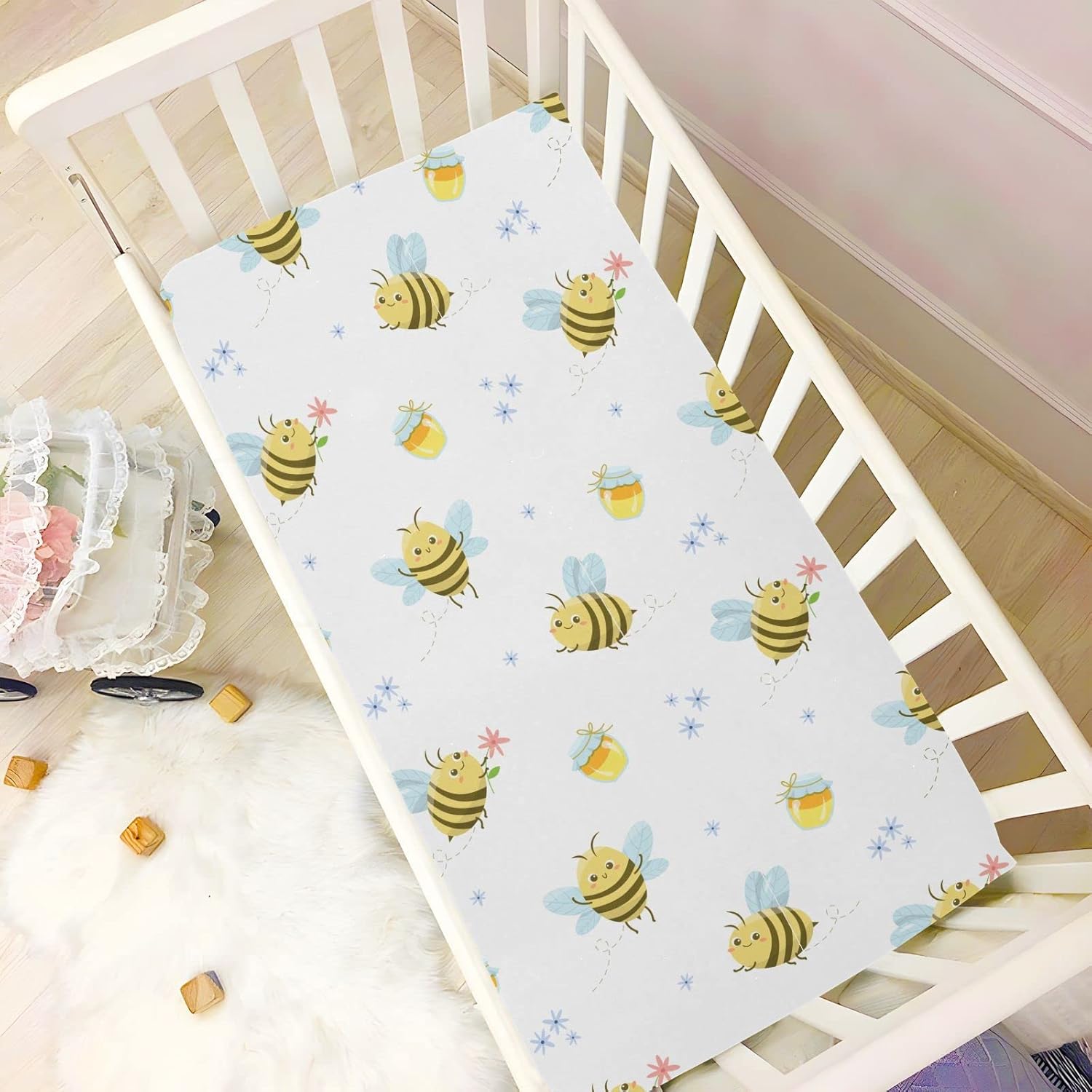 Sábanas bajeras ajustables para cuna, abejas de abejas melíferas amarillas, sábanas portátiles y elásticas para bebé niño, colchón suave y