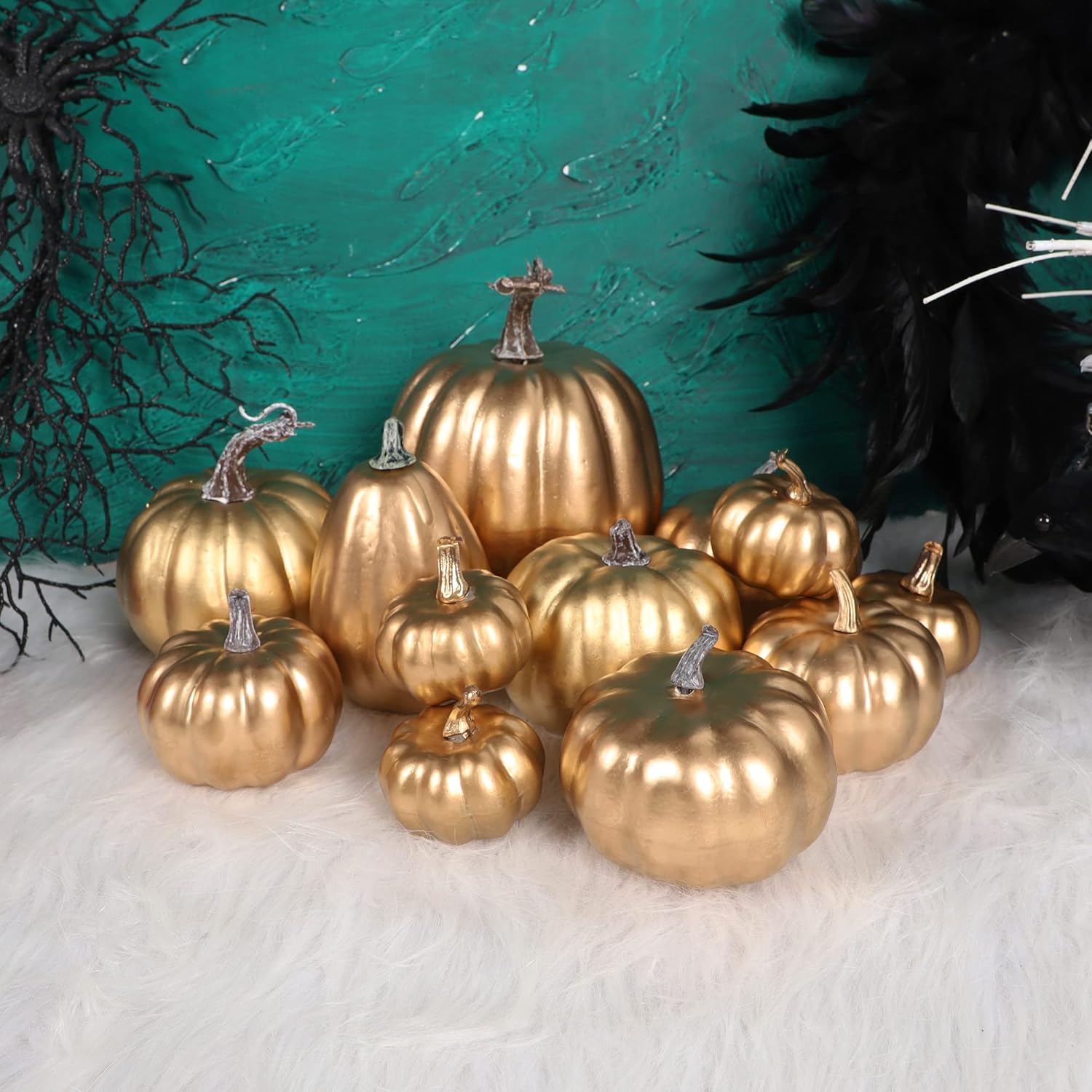 winemana 12 calabazas artificiales de varios tamaños, calabazas doradas, decoración de otoño, calabazas falsas, decoraciones de otoño para el hogar,