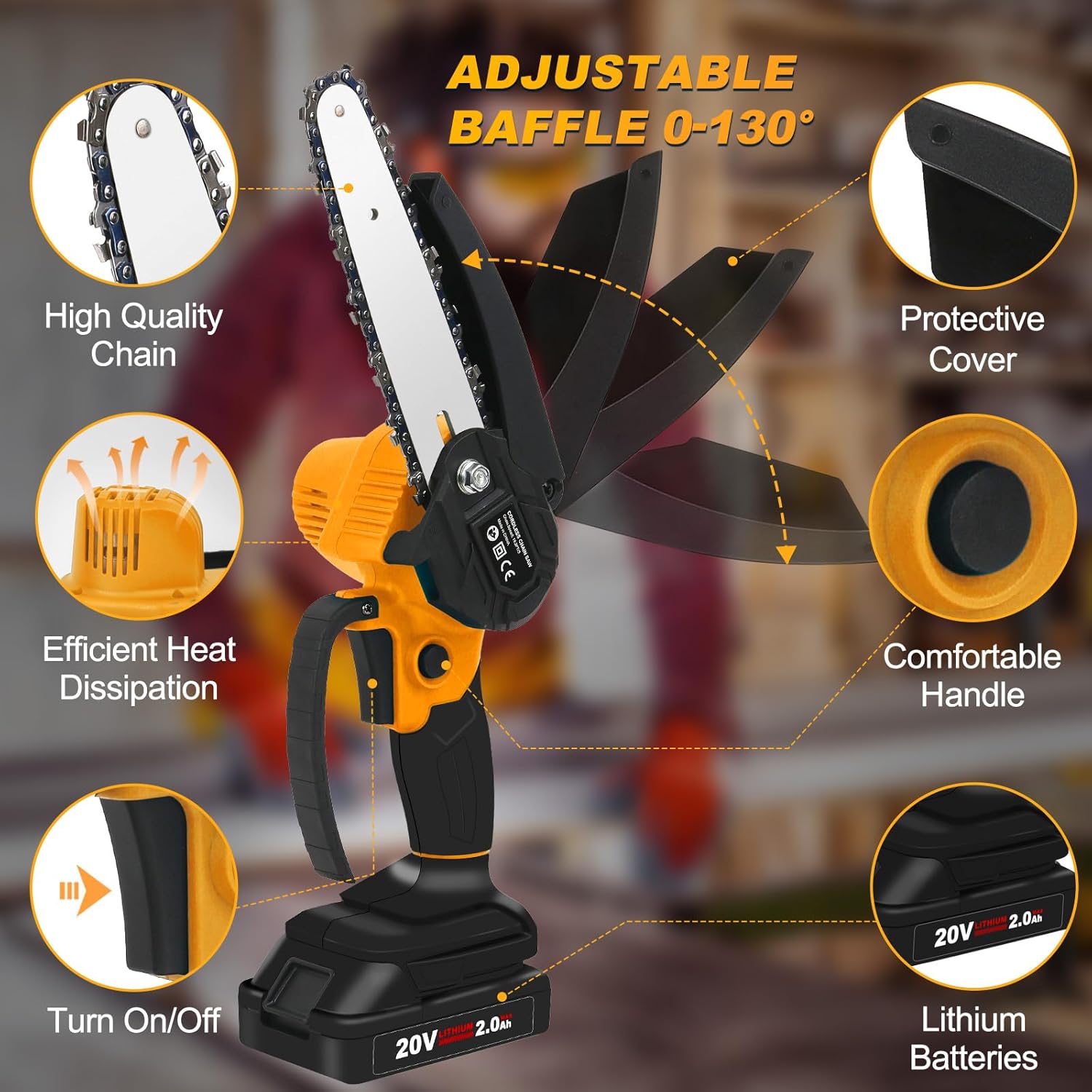 CKEVE Mini motosierra eléctrica inalámbrica de 6 pulgadas, funciona con pilas con bloqueo de seguridad para recortar árboles de jardín, motor de 250