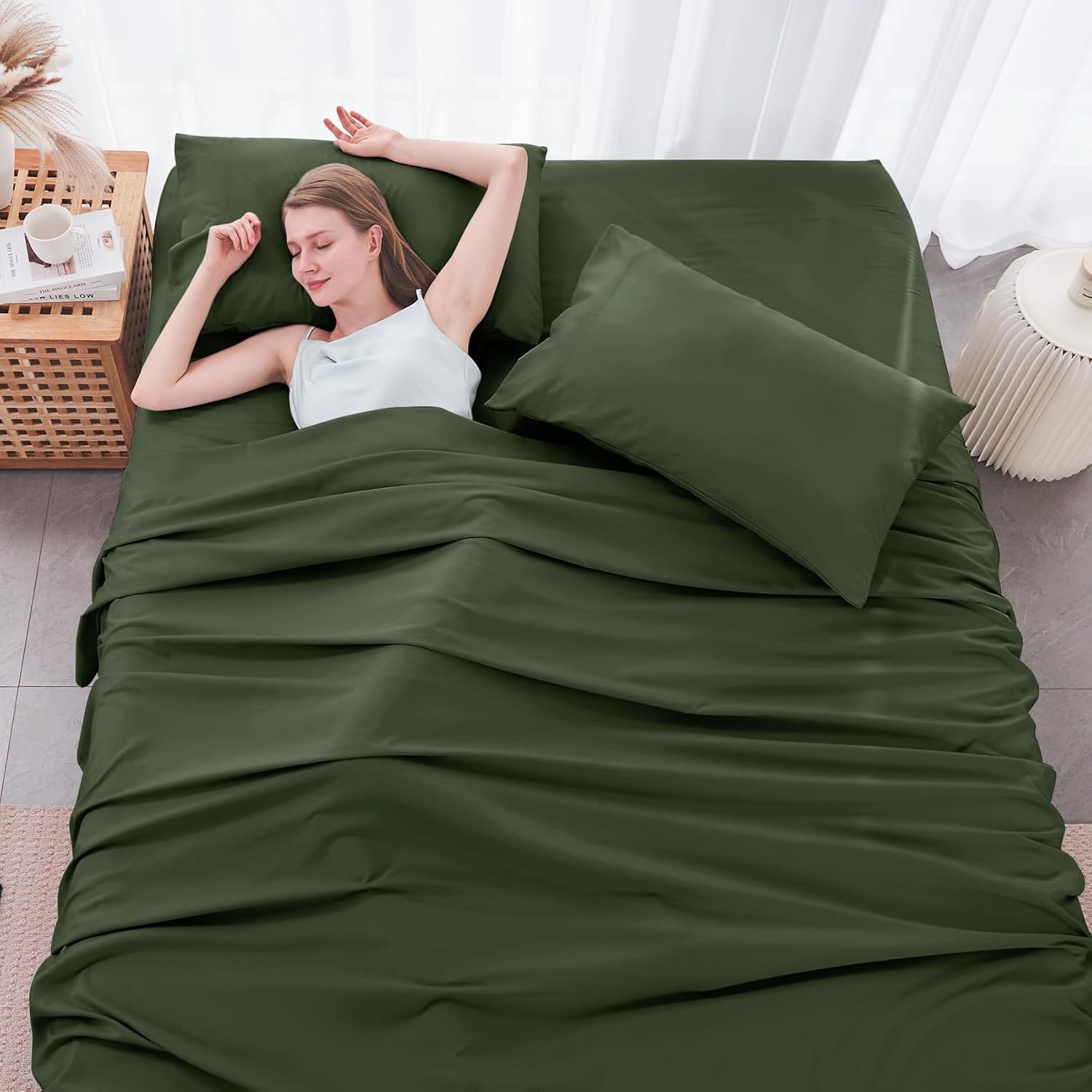 JOLLYVOGUE Sábanas Queen de 4 piezas, juego de sábanas verde oliva para dormitorio con 14 bolsillos profundos, sábanas refrescantes con 1 sábana