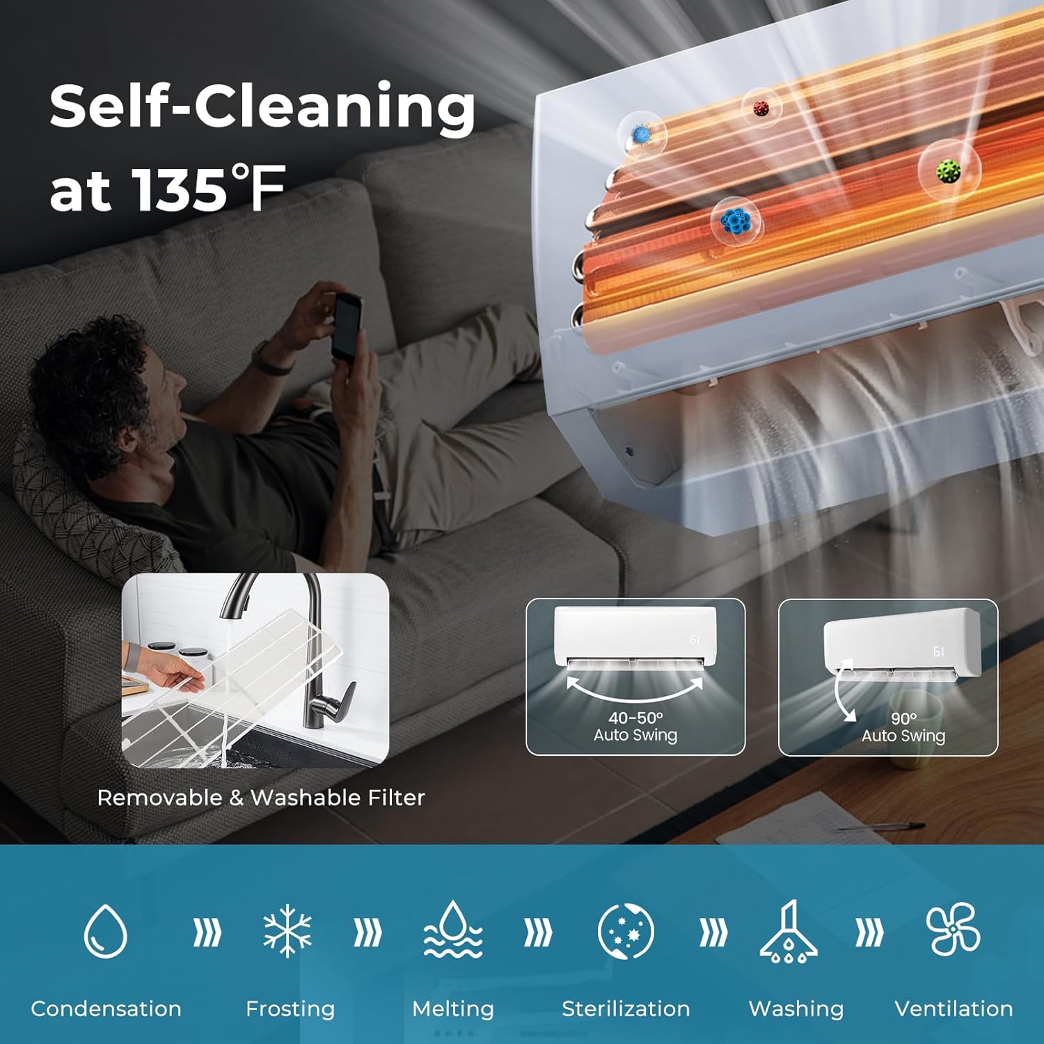 PETSITE Mini sistema de calefacciónaire acondicionado dividido de 12,000 BTU, inversor sin conductos SEER2 con bomba de calor precargada, mini split