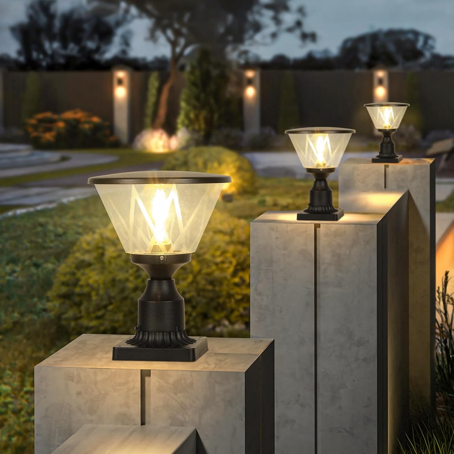 Zanritelit Luz de poste no solar con pantalla de vidrio para entrada, césped, patio, jardín, granja, negro mate, impermeable, lámpara de poste