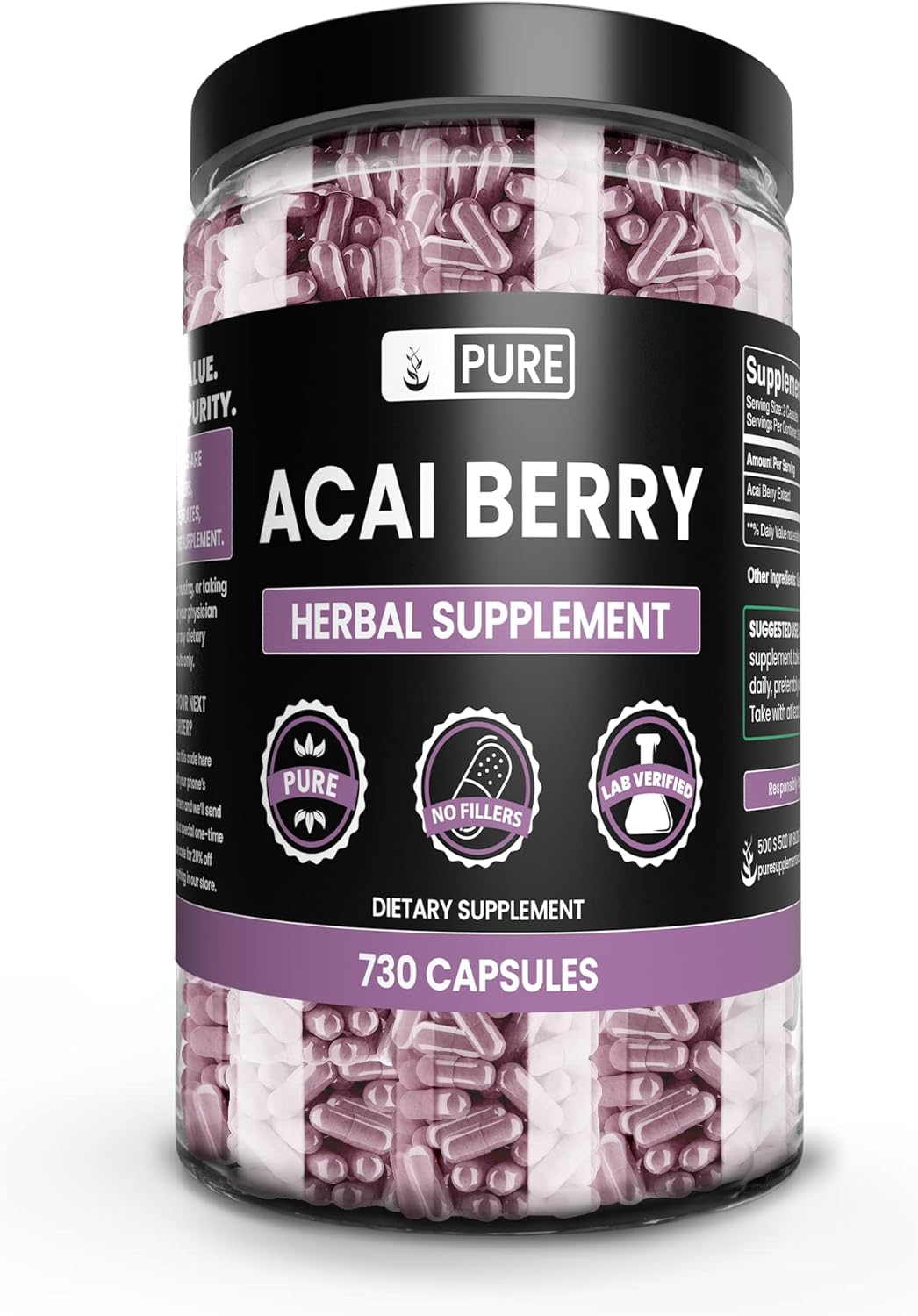 Pure Original Ingredients Acai Berry (730 cápsulas) sin magnesio o rellenos de arroz, siempre puro, verificado por laboratorio