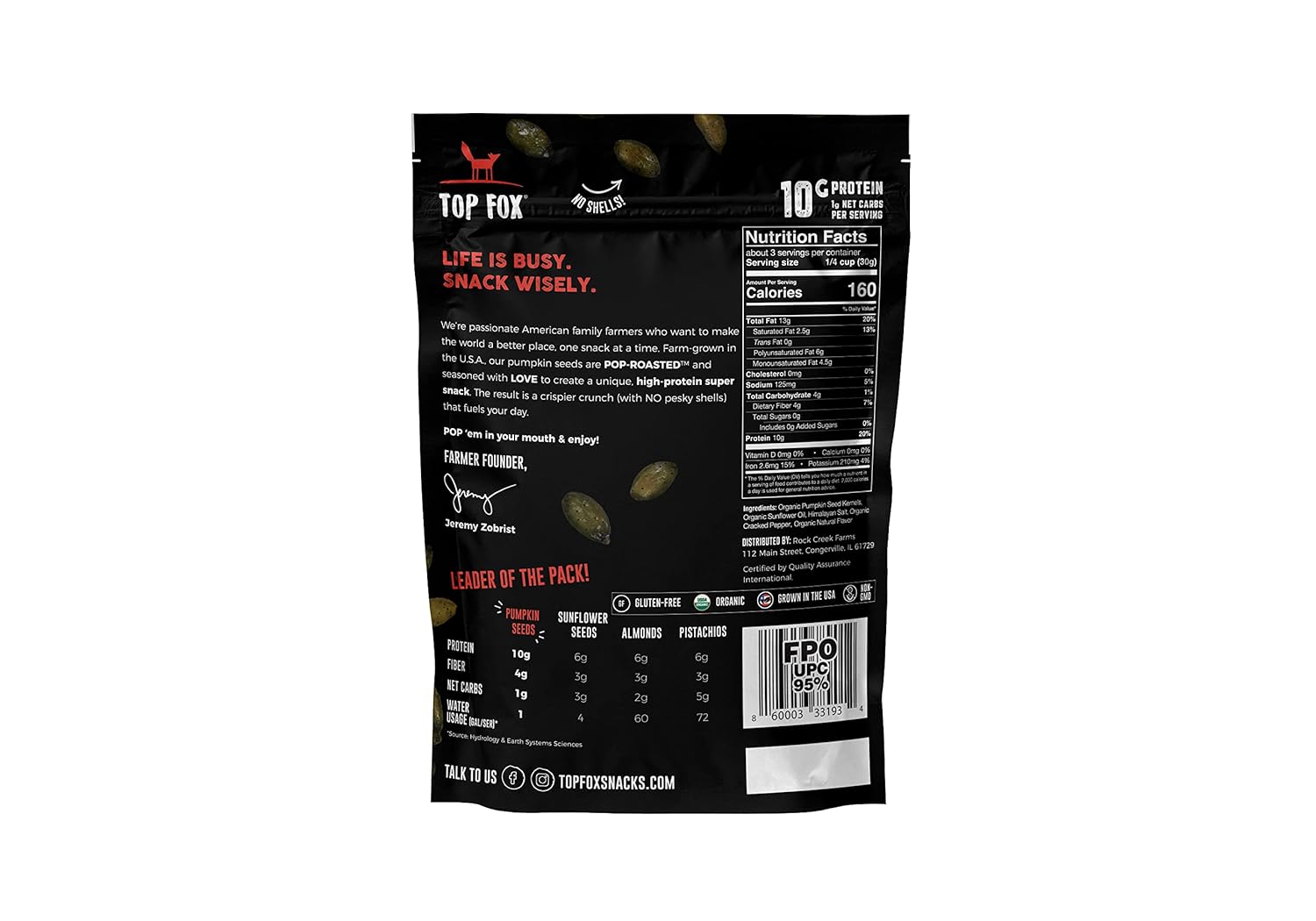 Top Fox Snacks – Semillas de calabaza tostadas orgánicas  Snacks de proteínas saludables – Sin gluten – Para dietas keto y veganas (3,5 oz)