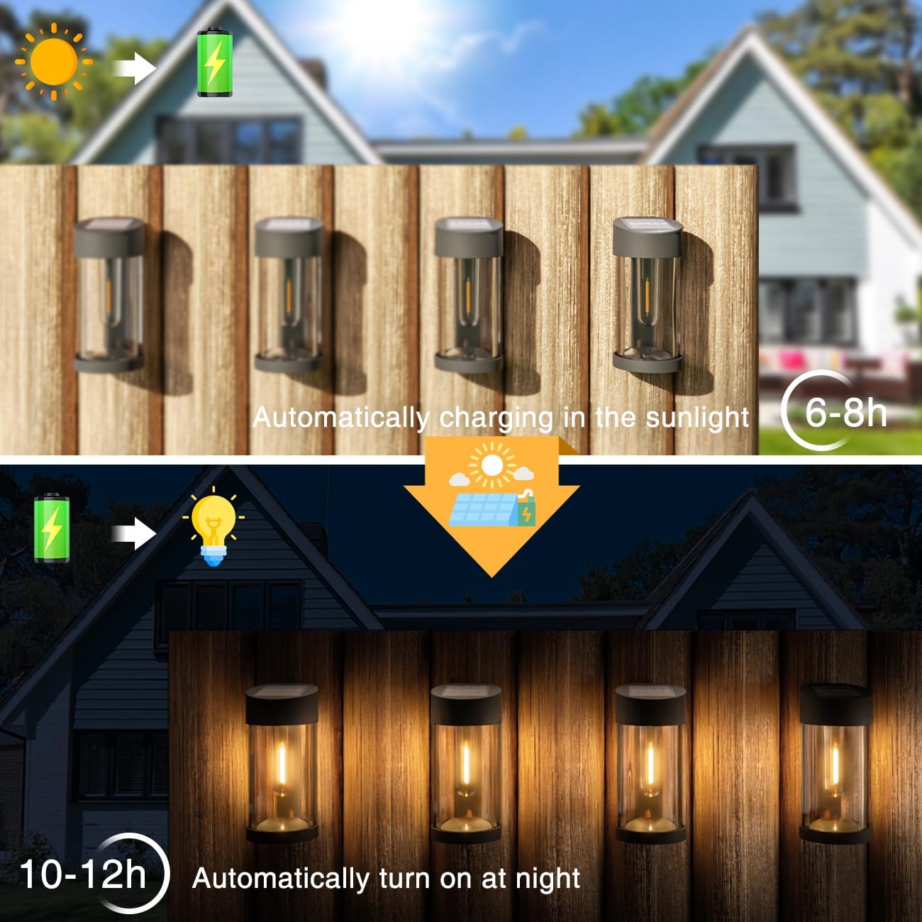 Woolmug Paquete de 4 luces solares para valla al aire libre, luces solares de pared de vidrio de metal, luces solares de cubierta, luces solares