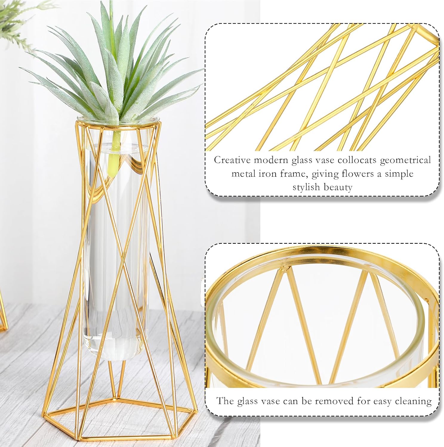 Jarrón geométrico dorado de 12 piezas para centros de mesa, jarrón de vidrio con soporte de metal, jarrón hidropónico, florero moderno para