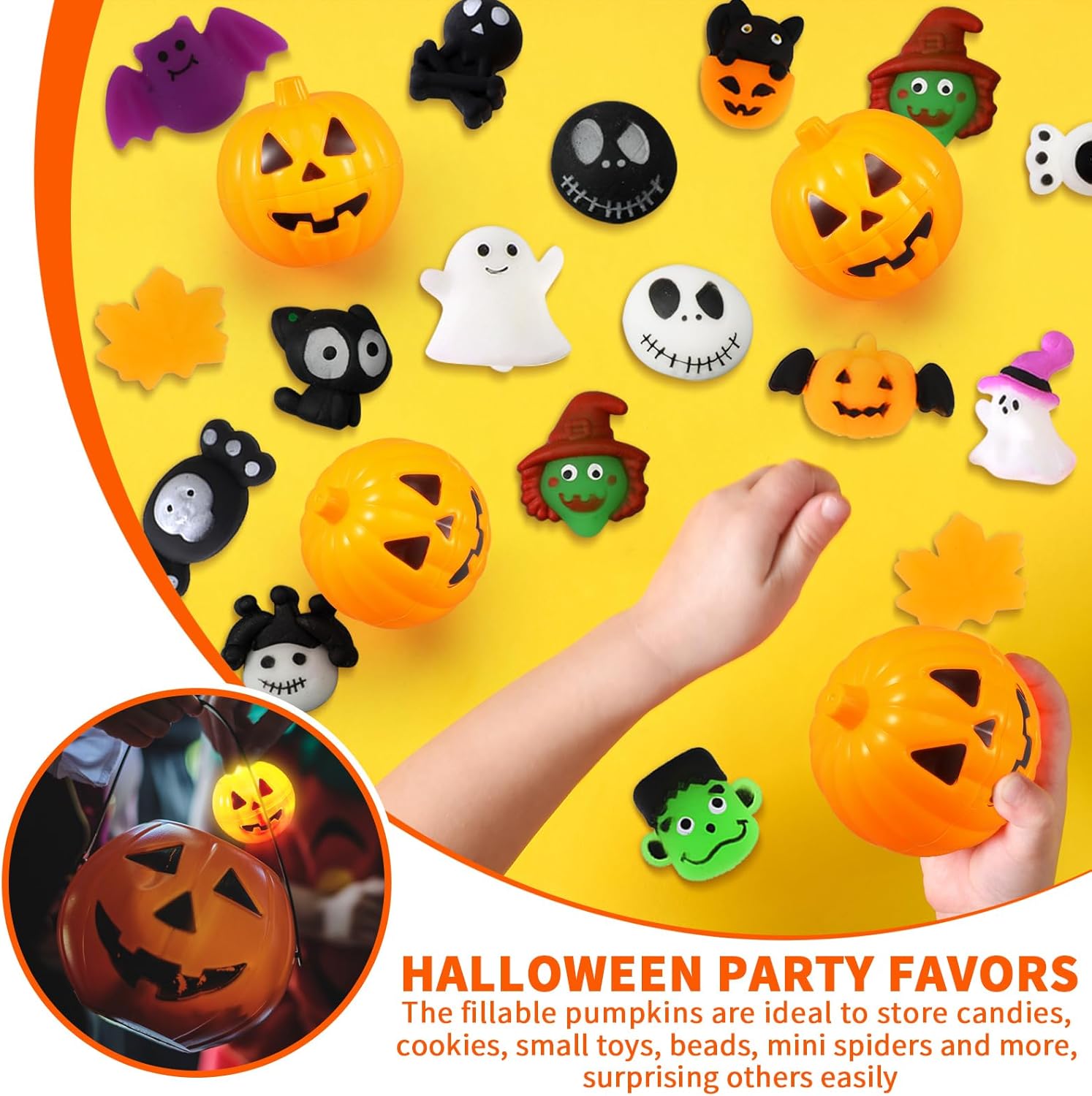 36 piezas de huevos de caramelo de calabazas de Halloween con juguetes de Halloween, bola brillante, recuerdos de fiesta, mini tarros de calabaza