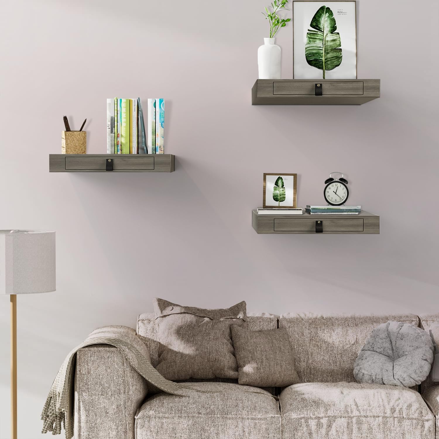 Juego de 2 estantes flotantes con cajón, mesita de noche flotante para dormitorio, estante de pared de 16 pulgadas, estante flotante con