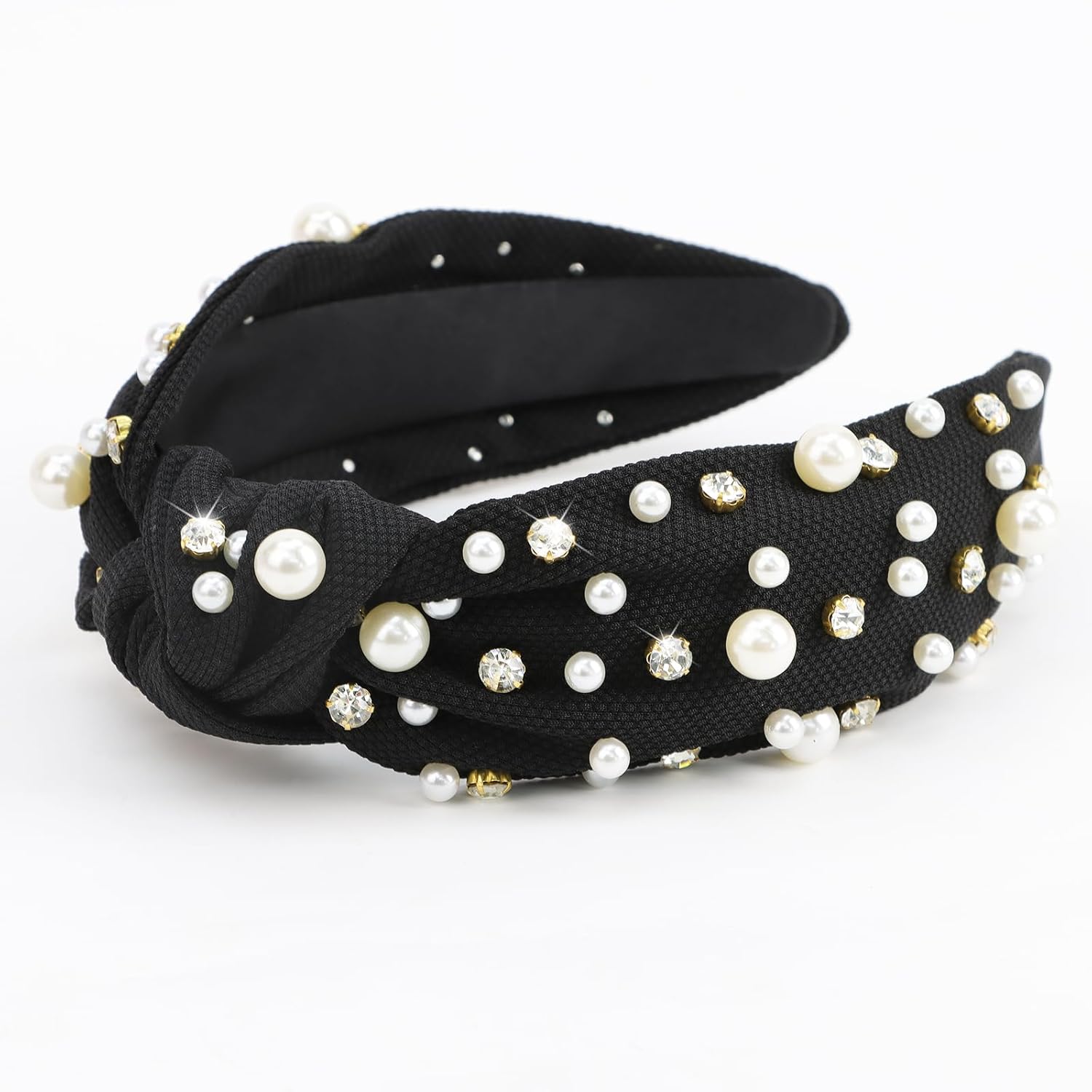 Diademas de perlas para niñas, diademas de diamantes de imitación para mujer, diadema ancha anudada para mujer, diadema negra con cuentas,