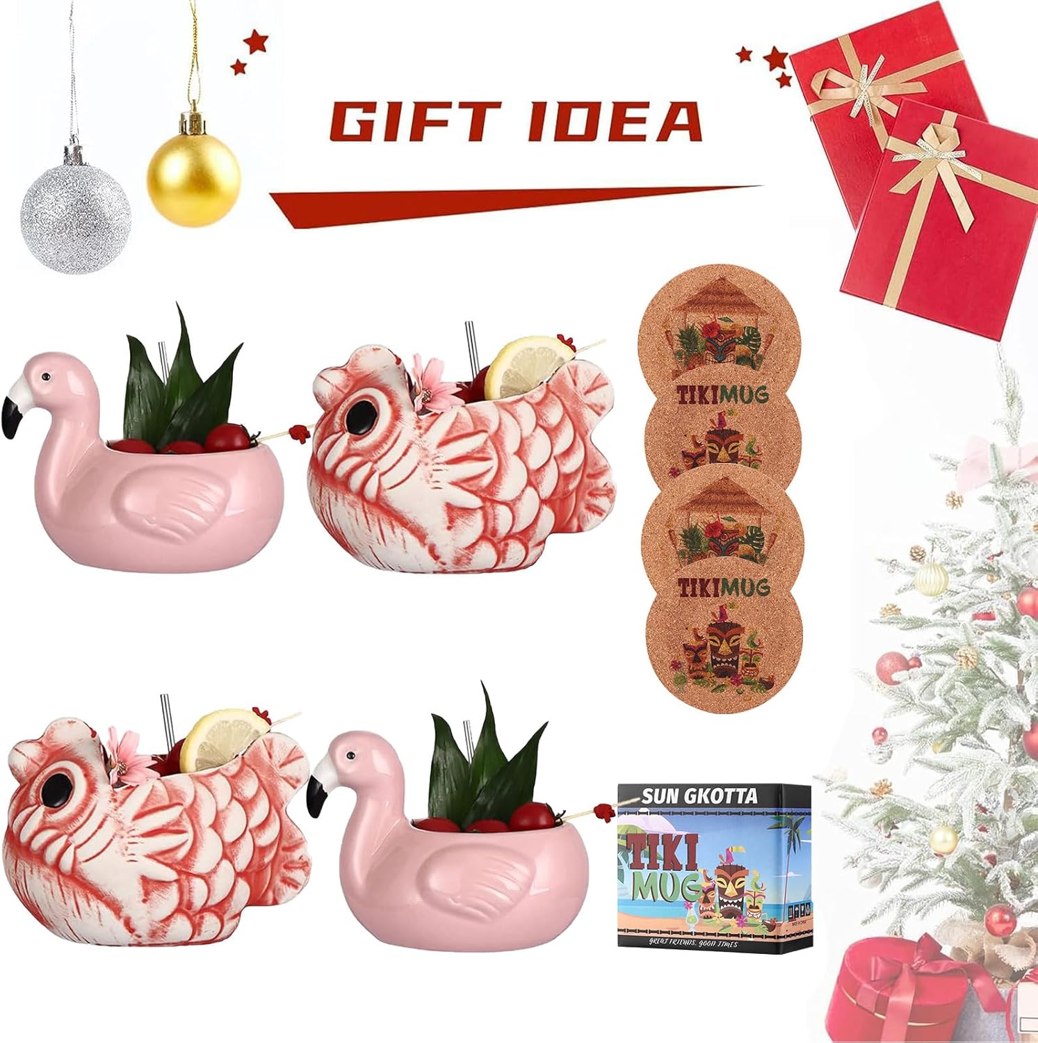 Juego de 4 tazas Tiki para cóctel y jugo, lindo juego de regalo de taza tiki de cerámica, copas de cóctel con forma de animal para fiesta hawaiana,