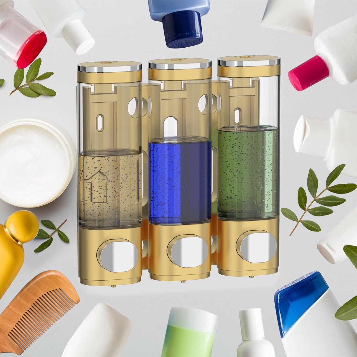 Dispensador de jabón de champú de 3 cámaras para ducha montado en la pared y dispensador de acondicionador sin taladro, perfecto para baño, cocina,
