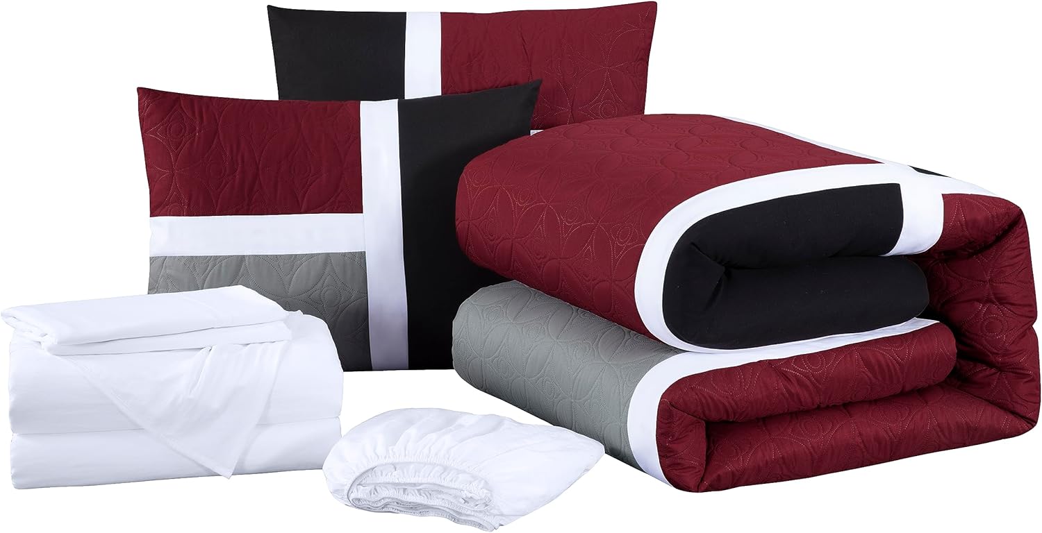 Chezmoi Collection Bernard – Juego de edredón de 7 piezas tamaño King en una bolsa con sábanas, edredón ligero, color rojo, gris, negro, medallón