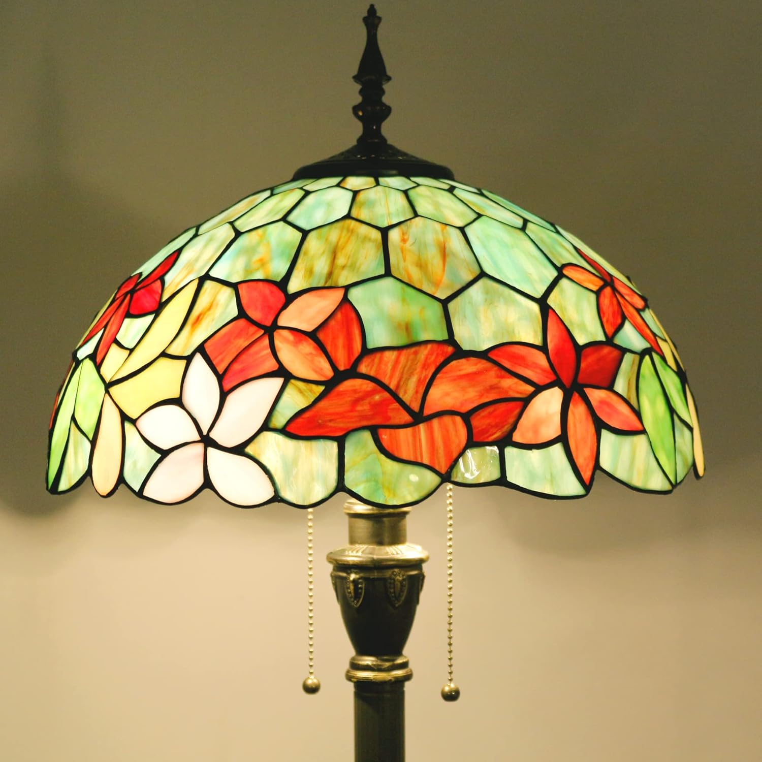 Tiffany – Lámpara de pie con vitrales, 16 x 16 x 70 pulgadas, luz de lectura antigua (flores rojas y verdes)