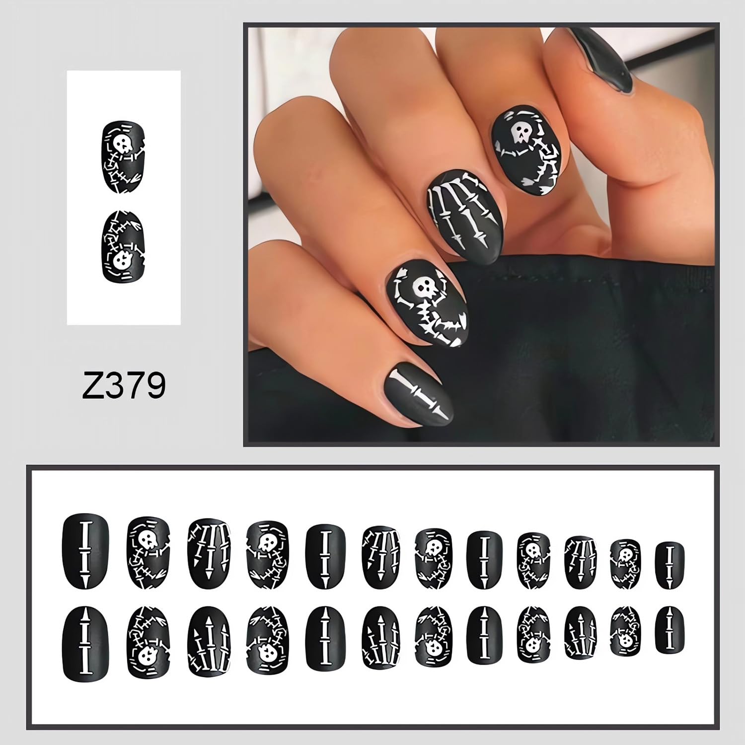 24 uñas negras a presión de Halloween, uñas postizas medianas de forma ovalada para Halloween, uñas con pegamento en uñas con patrón de esqueleto
