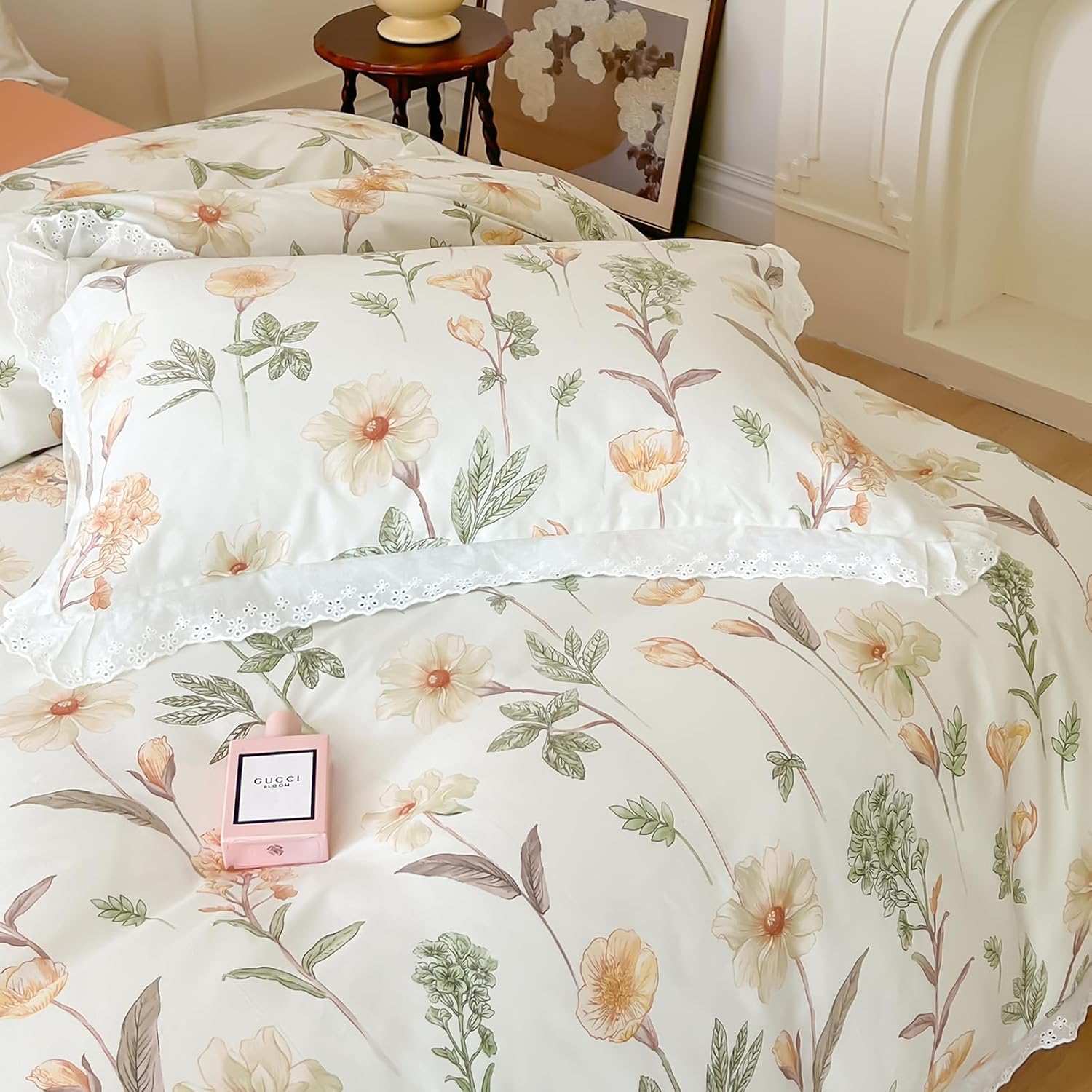 OTOB Juego de funda de edredón floral, tamaño Queen, color beige, 100% algodón, con cierre de cremallera, 4 lazos para todas las estaciones, funda