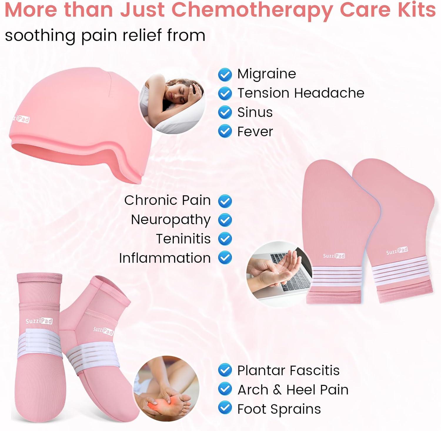SuzziPad Paquete de cuidado de quimioterapia para mujeres y hombres, guantes y calcetines de quimioterapia para neuropatía, gorras frías para