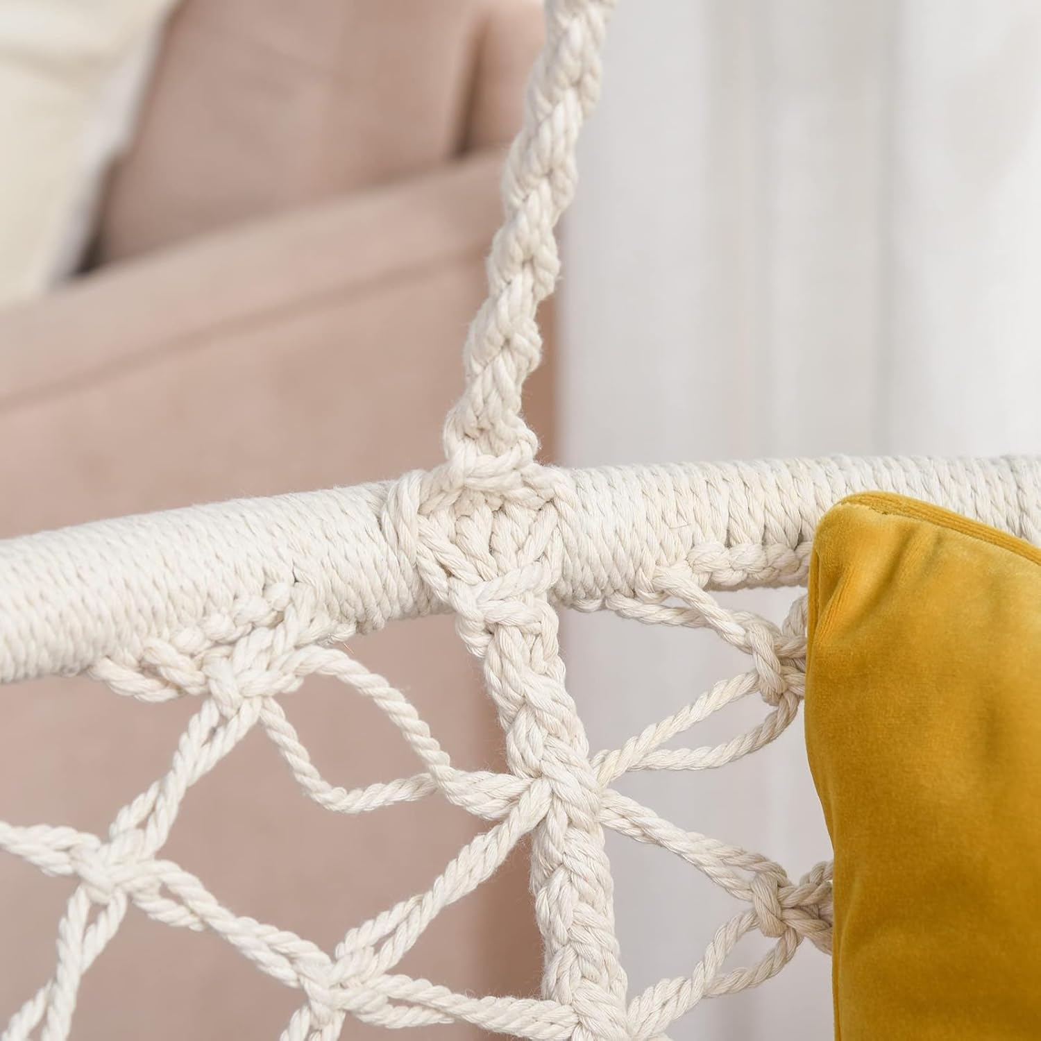 Outsunny – Silla hamaca de cuerda de algodón, hamaca colgante con marco de metal y cojín, asiento grande de macramé, patio, jardín, dormitorio, sala