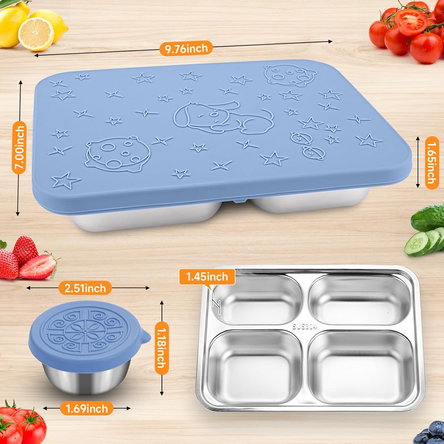Caja Bento de acero inoxidable con 2 tazas de salsa, 4 compartimentos de alta calidad, lonchera de metal para niños o adultos (azul)