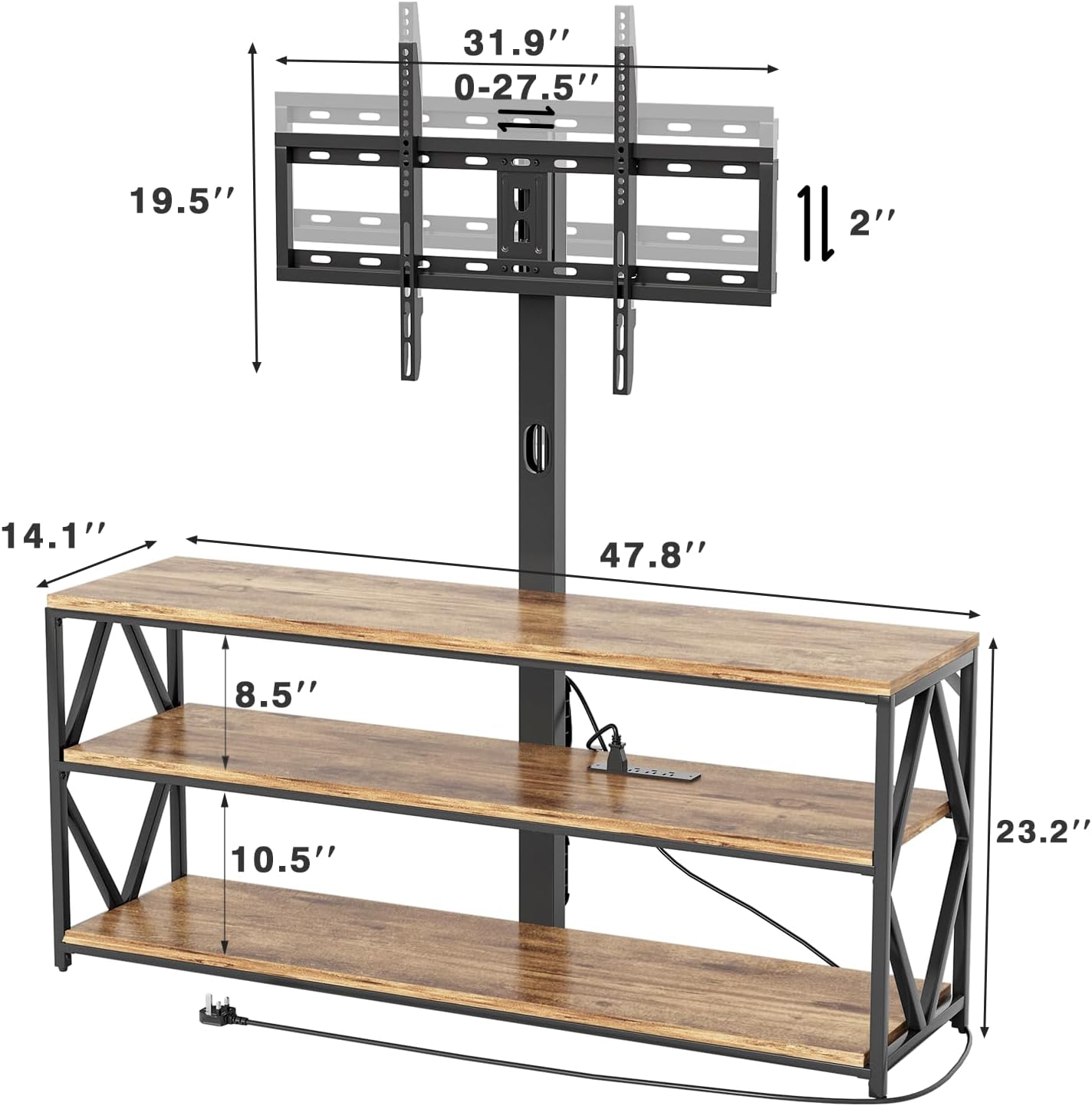 YESHOMY Soporte de TV giratorio con soporte para televisión de hasta 75 pulgadas, centro de entretenimiento con toma de corriente y estantes de