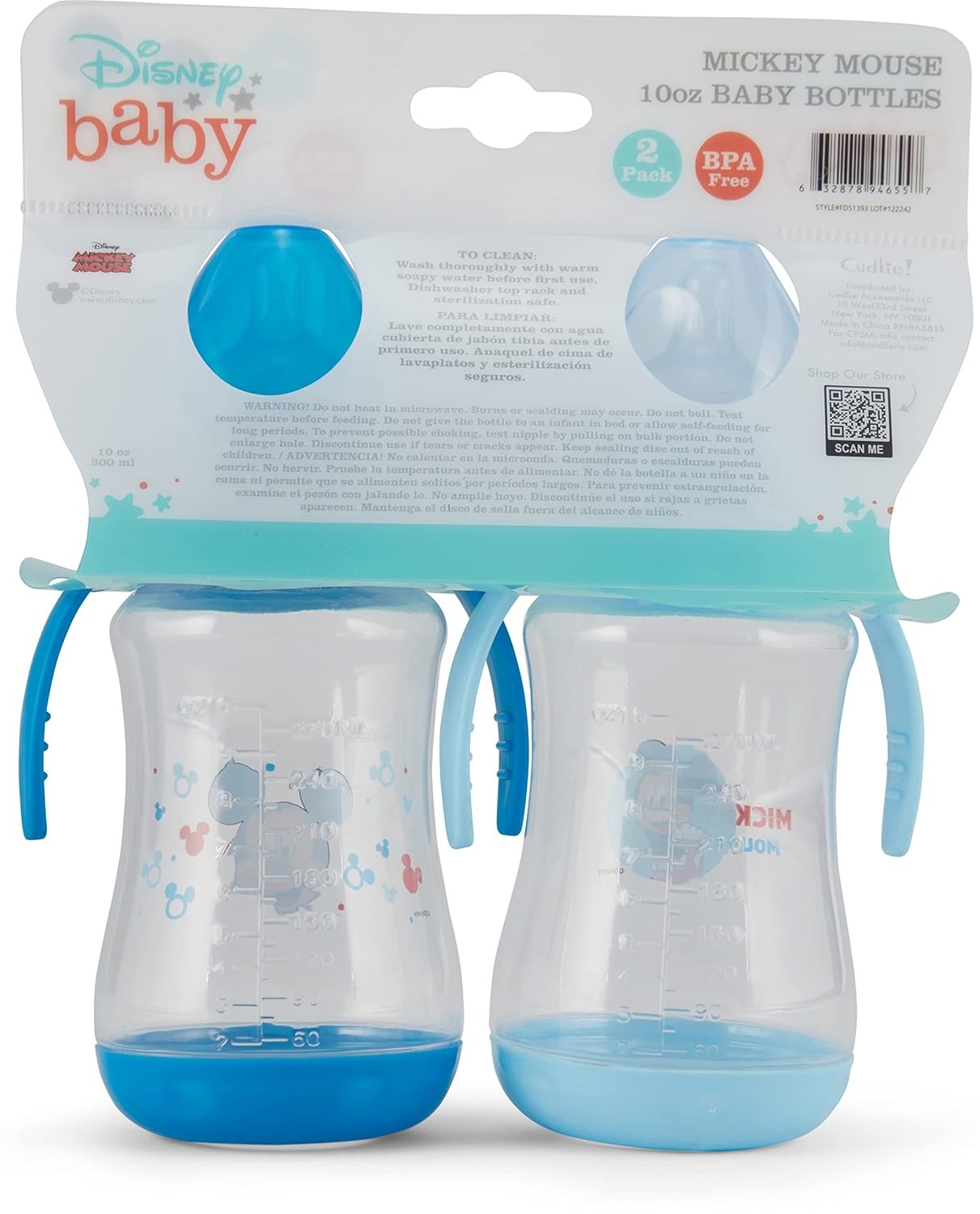 Disney Paquete de 2 biberones de 10 onzas con estampados de personajes y fundas de colores con doble asa, sin BPA y fácil de limpiar